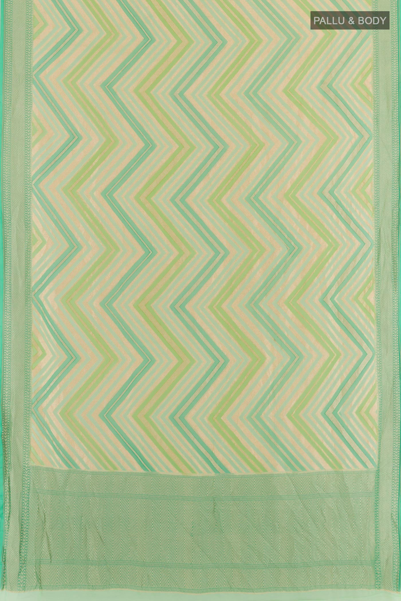 Flat view of Green Banarasi Georgette Saree with Zari Brocade on the body and Zari Border. 