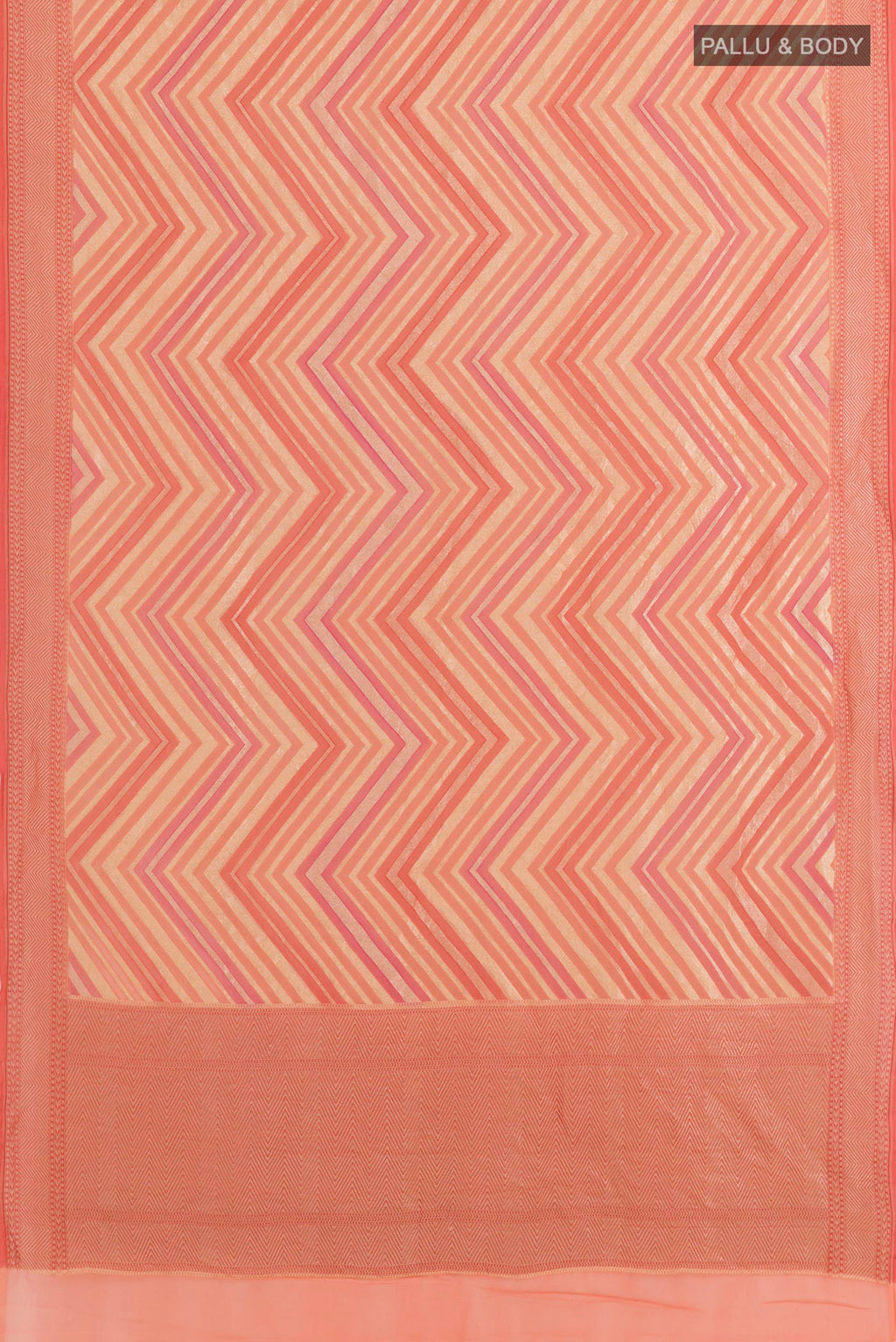 Flat view of Rose pink Banarasi Georgette Saree with Stripes on the body and Zari Border. 