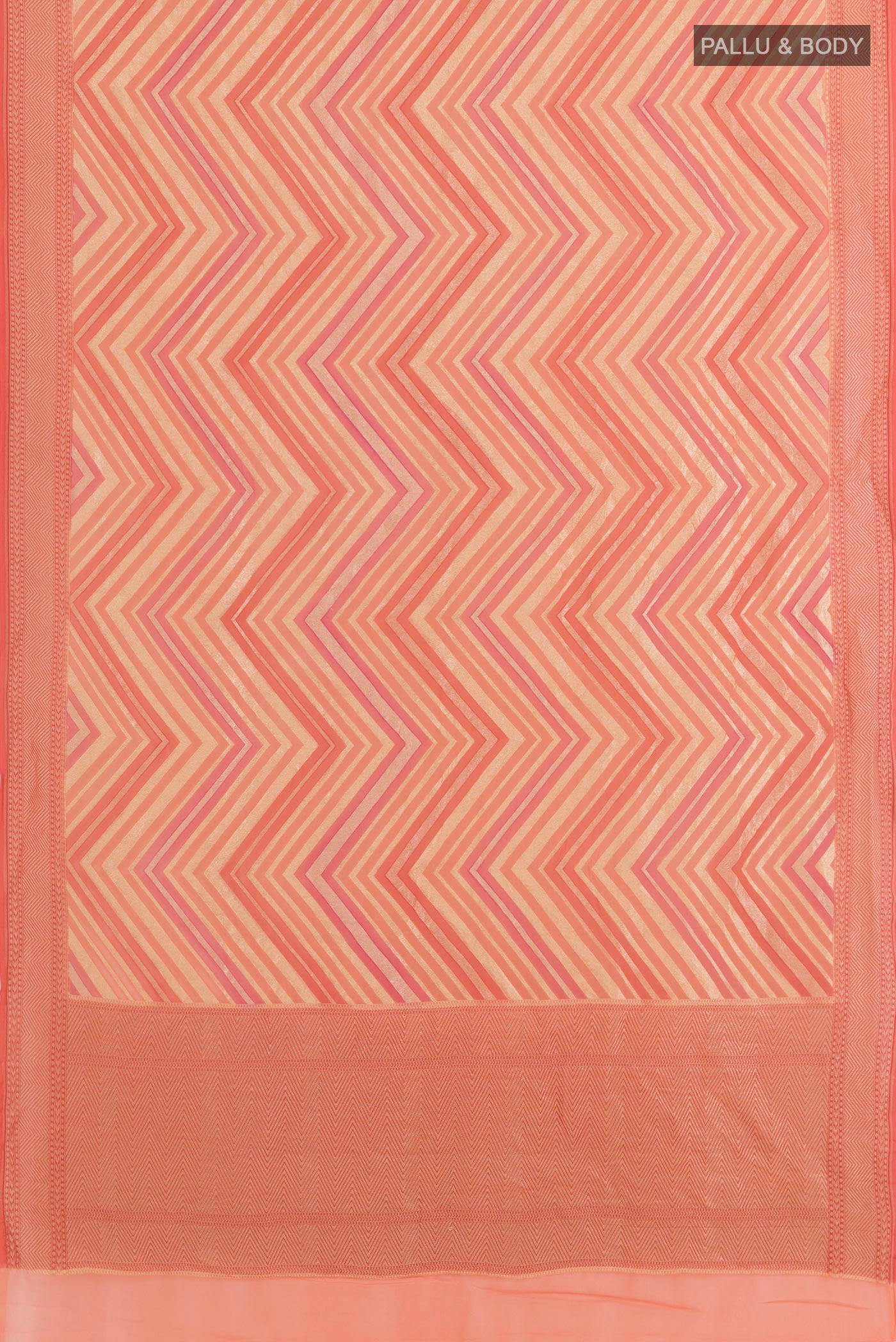 Flat view of Rose pink Banarasi Georgette Saree with Stripes on the body and Zari Border. 