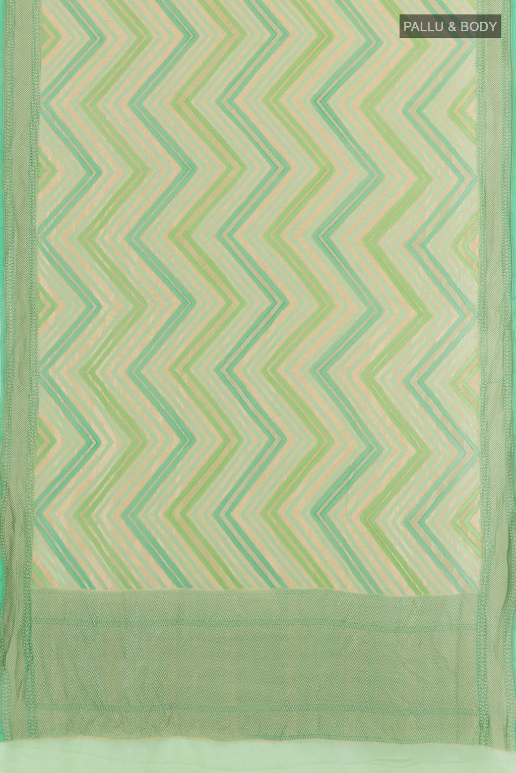 Flat view of Green Banarasi Georgette Saree with Stripes on the body and Zari Border. 
