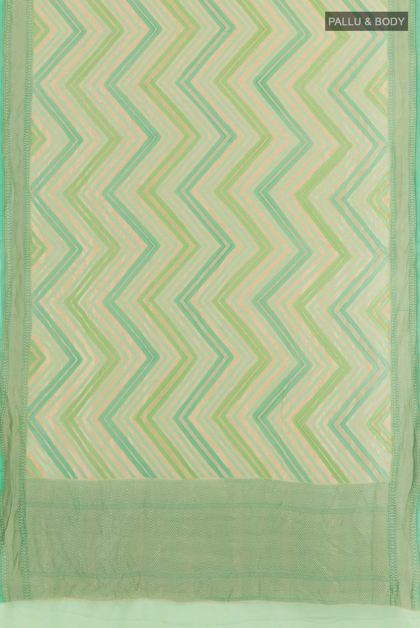 Flat view of Green Banarasi Georgette Saree with Stripes on the body and Zari Border. 