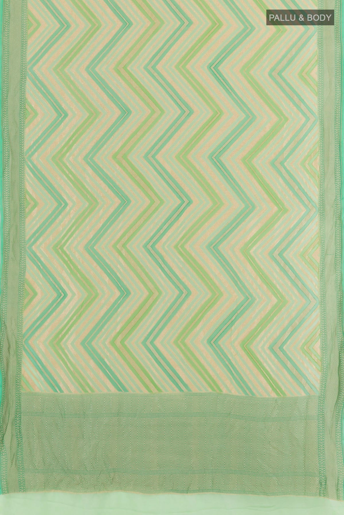 Flat view of Green Banarasi Georgette Saree with Stripes on the body and Zari Border. 