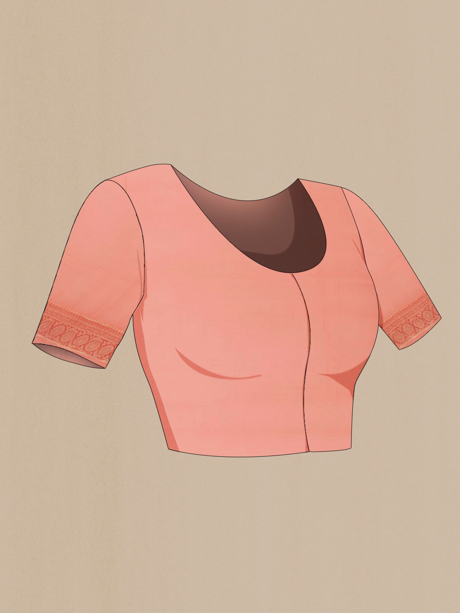 Close up image of the blouse of Pink Banarasi Georgette Saree with Stripes on the body and Zari Border. 