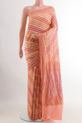 Pink Banarasi Georgette Saree with Stripes on the body and Zari Border.  displayed on a mannequin