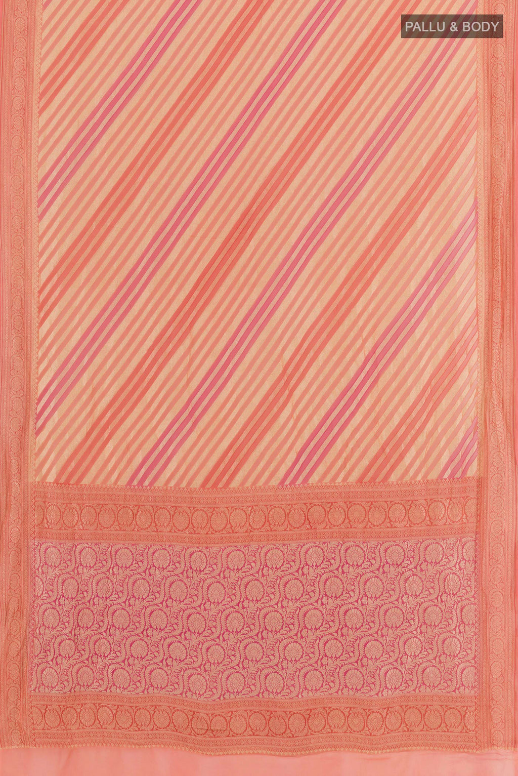 Flat view of Pink Banarasi Georgette Saree with Stripes on the body and Zari Border. 