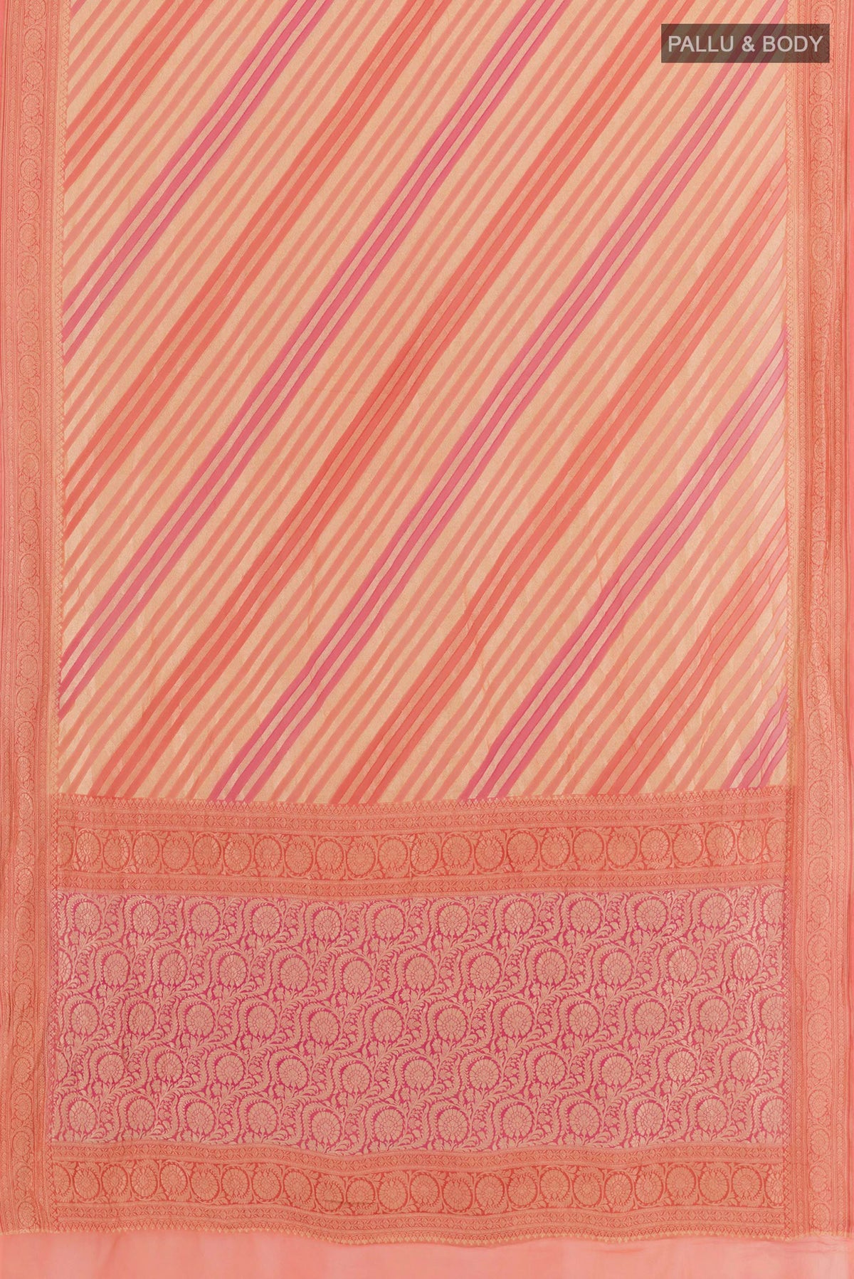 Flat view of Pink Banarasi Georgette Saree with Stripes on the body and Zari Border. 