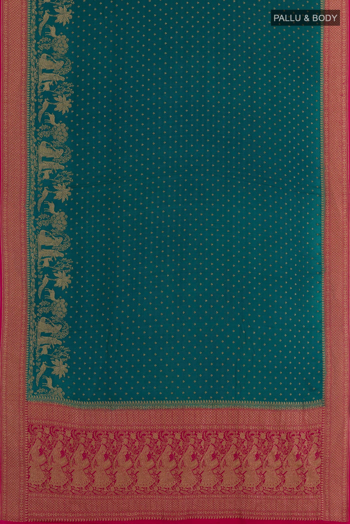 Flat view of Peacock Blue Banarasi Georgette Saree with Zari Butta on the body and Zari Border. 