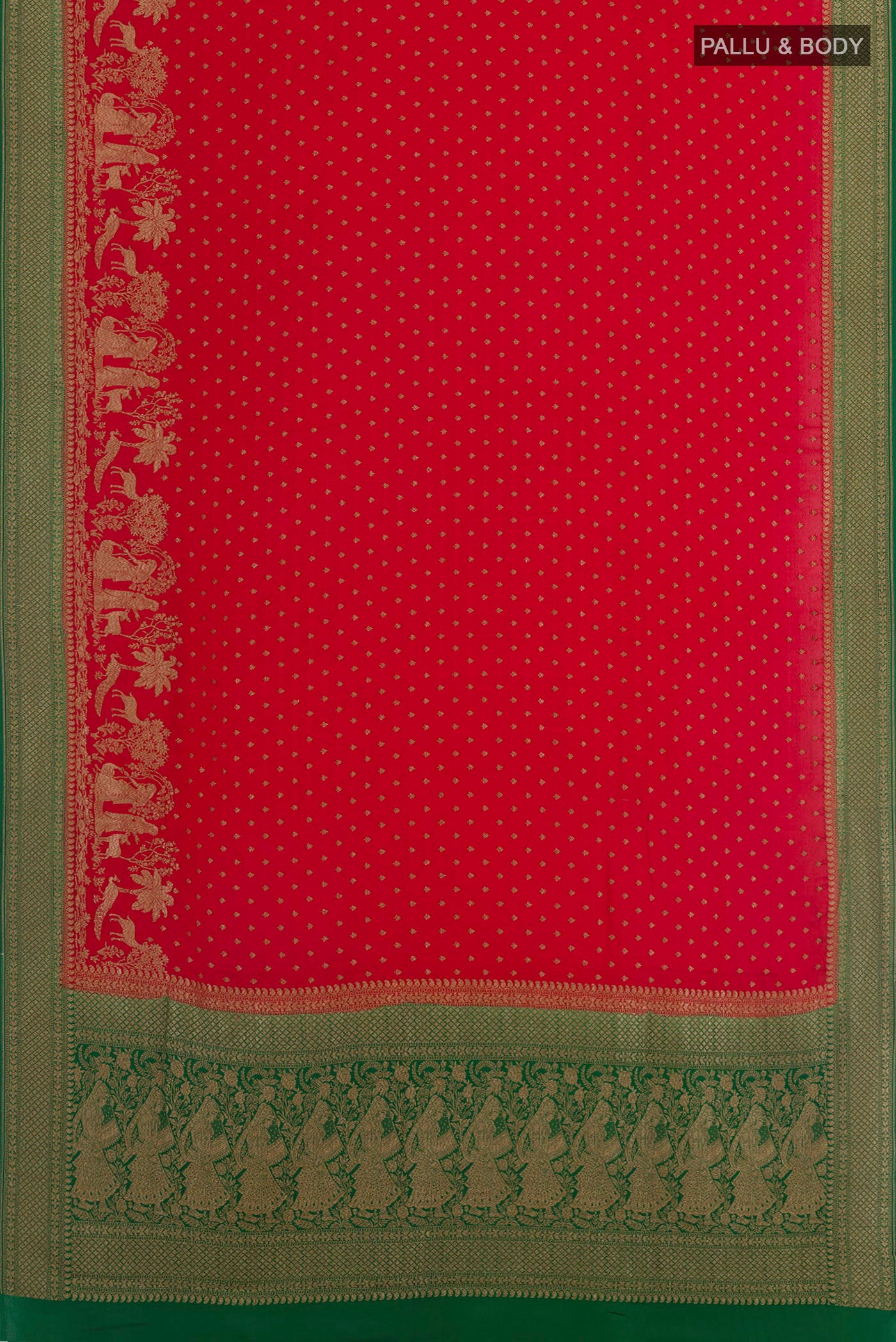 Flat view of Red Banarasi Georgette Saree with Zari Butta on the body and Zari Border. 