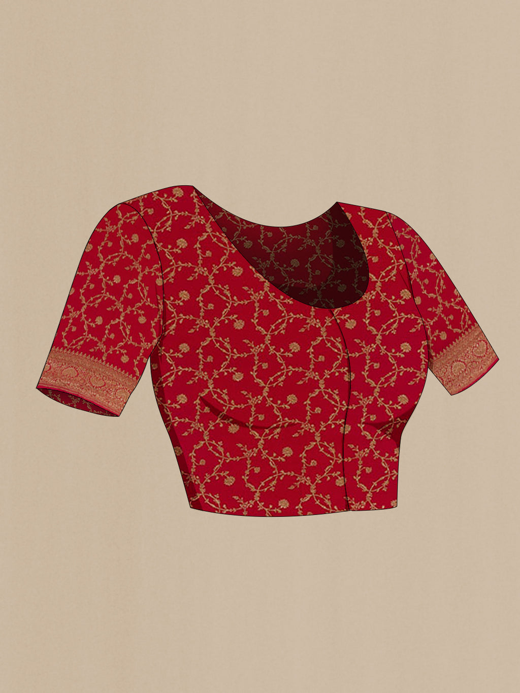 Close up image of the blouse of Mustard Banarasi Georgette Saree with Plain Body and Zari Border. 
