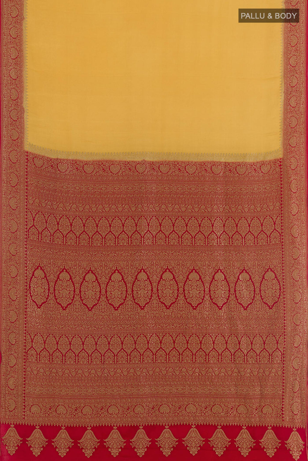 Flat view of Mustard Banarasi Georgette Saree with Plain Body and Zari Border. 