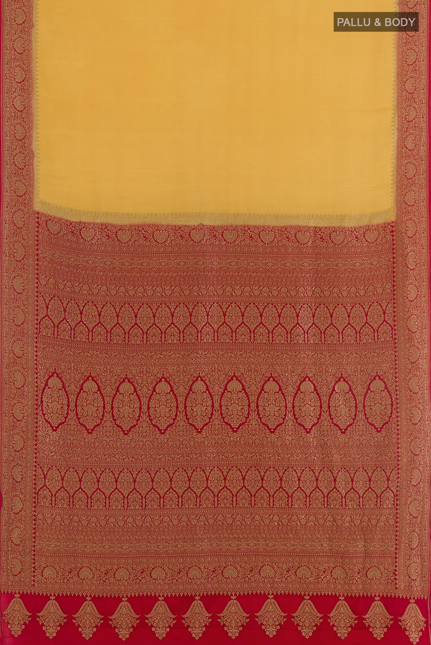 Flat view of Mustard Banarasi Georgette Saree with Plain Body and Zari Border. 