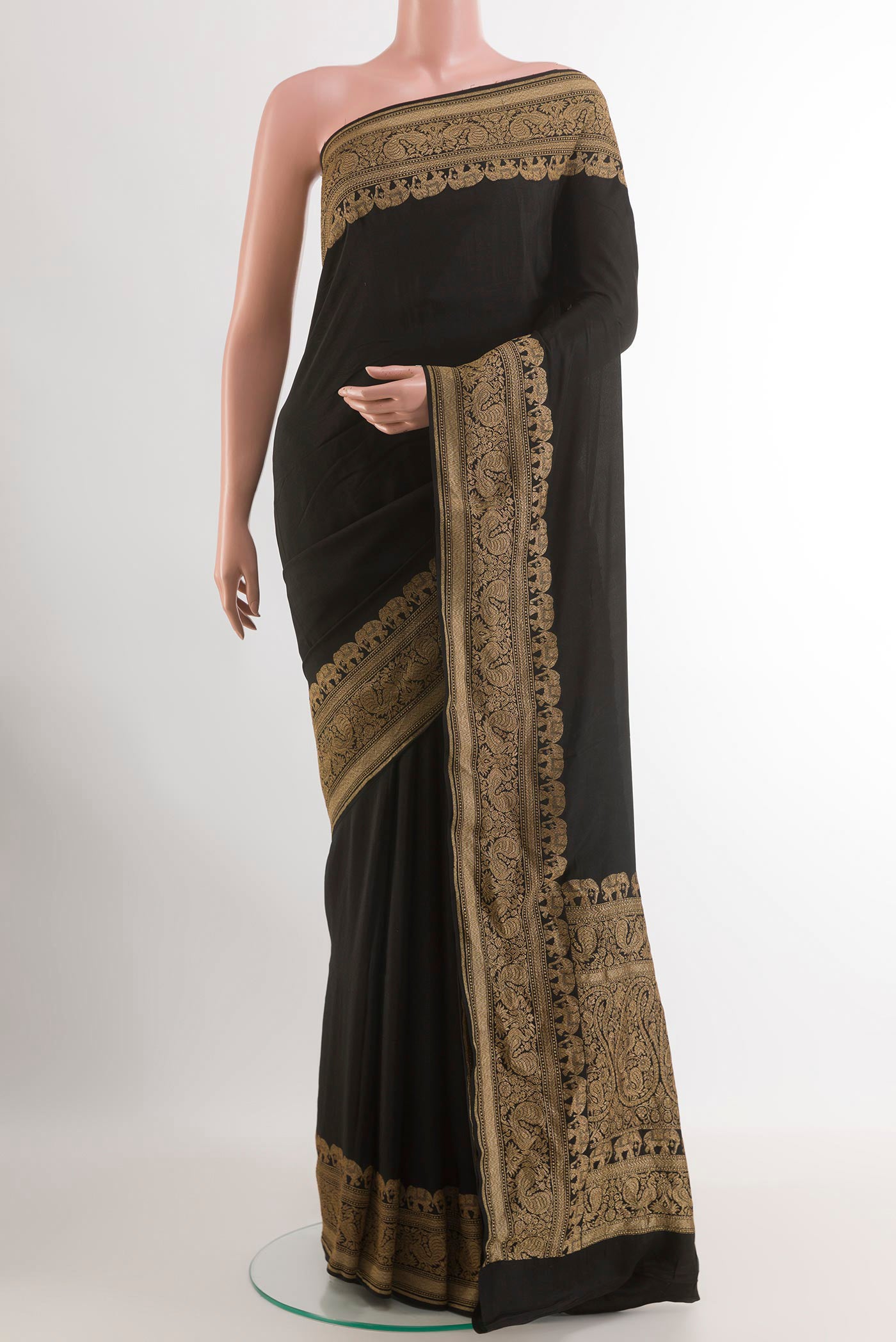 Black Banarasi Georgette Saree with Plain Body and Zari Border.  displayed on a mannequin