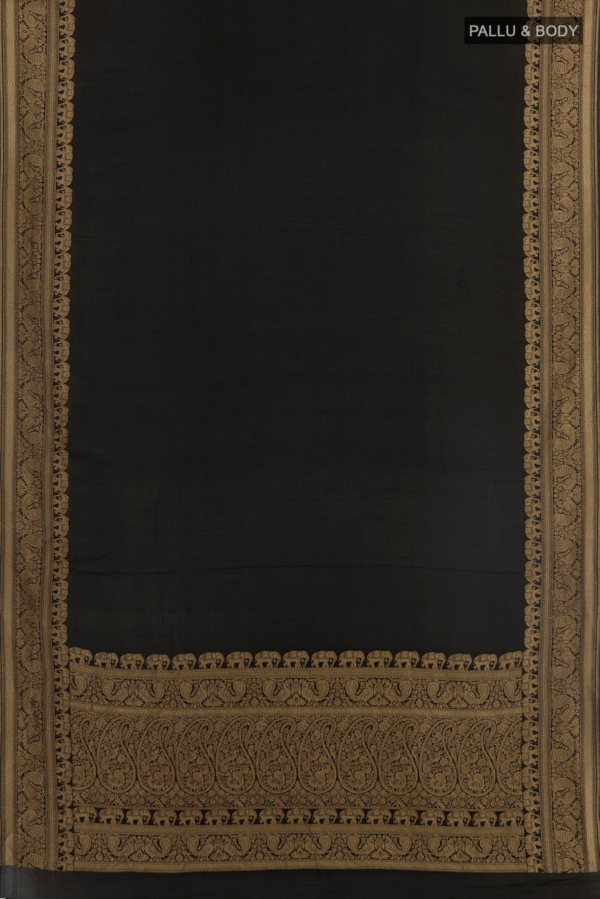 Flat view of Black Banarasi Georgette Saree with Plain Body and Zari Border. 