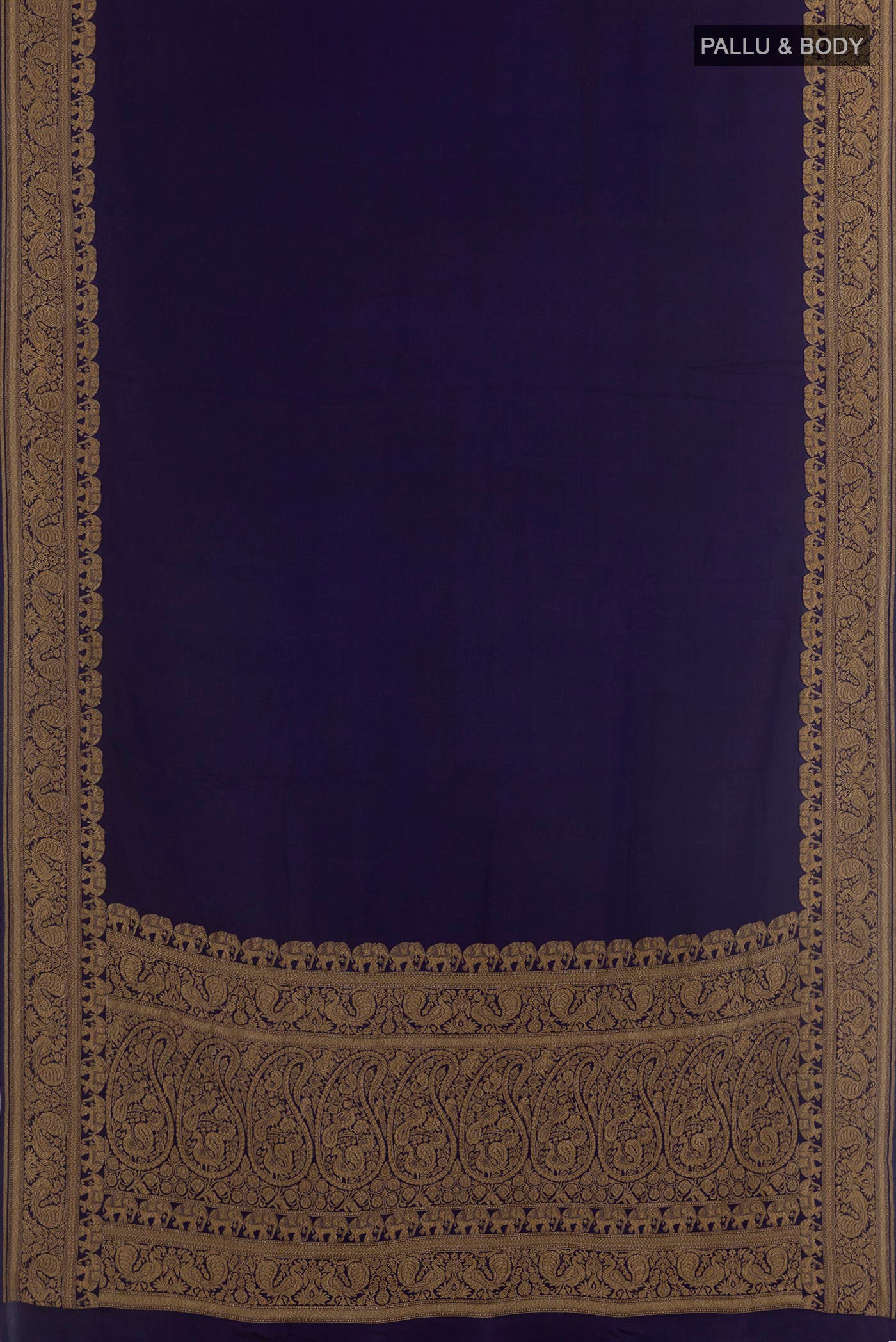 Flat view of Blue Banarasi Georgette Saree with Plain Body and Zari Border. 