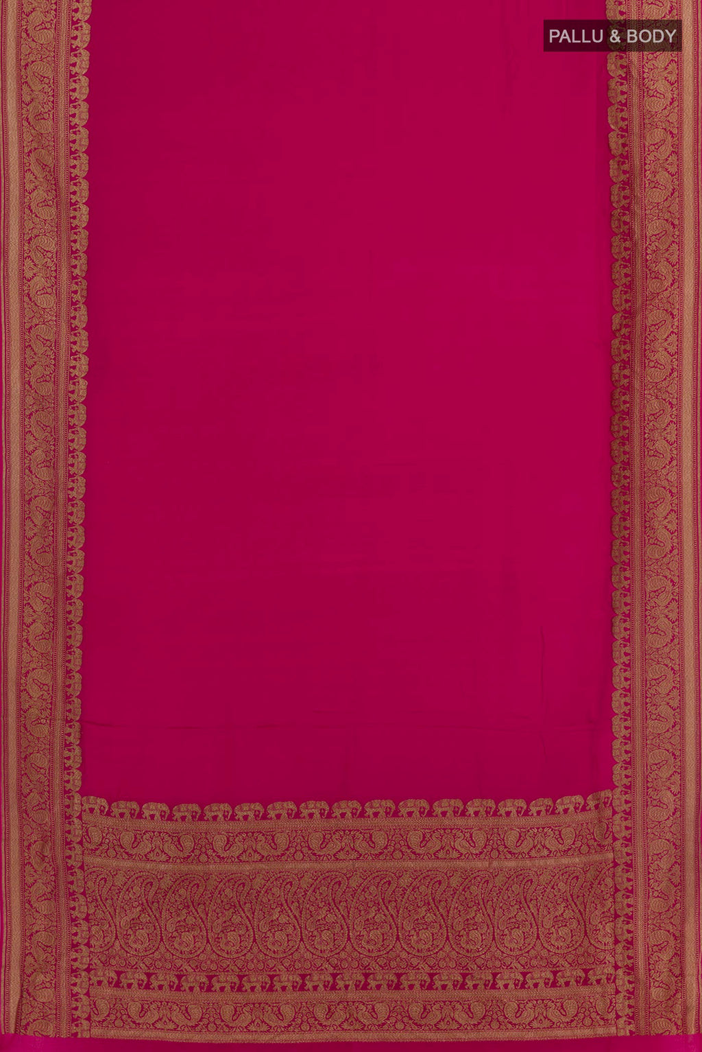 Flat view of Rani Pink Banarasi Georgette Saree with Plain Body and Zari Border. 