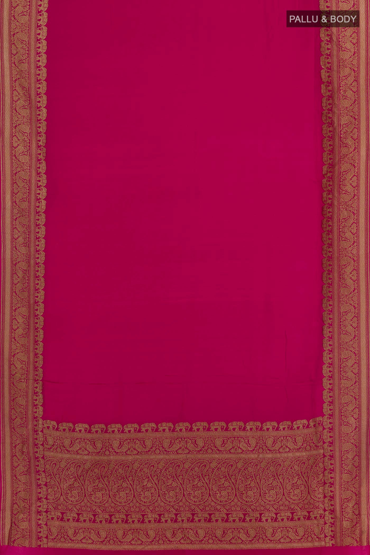 Flat view of Rani Pink Banarasi Georgette Saree with Plain Body and Zari Border. 