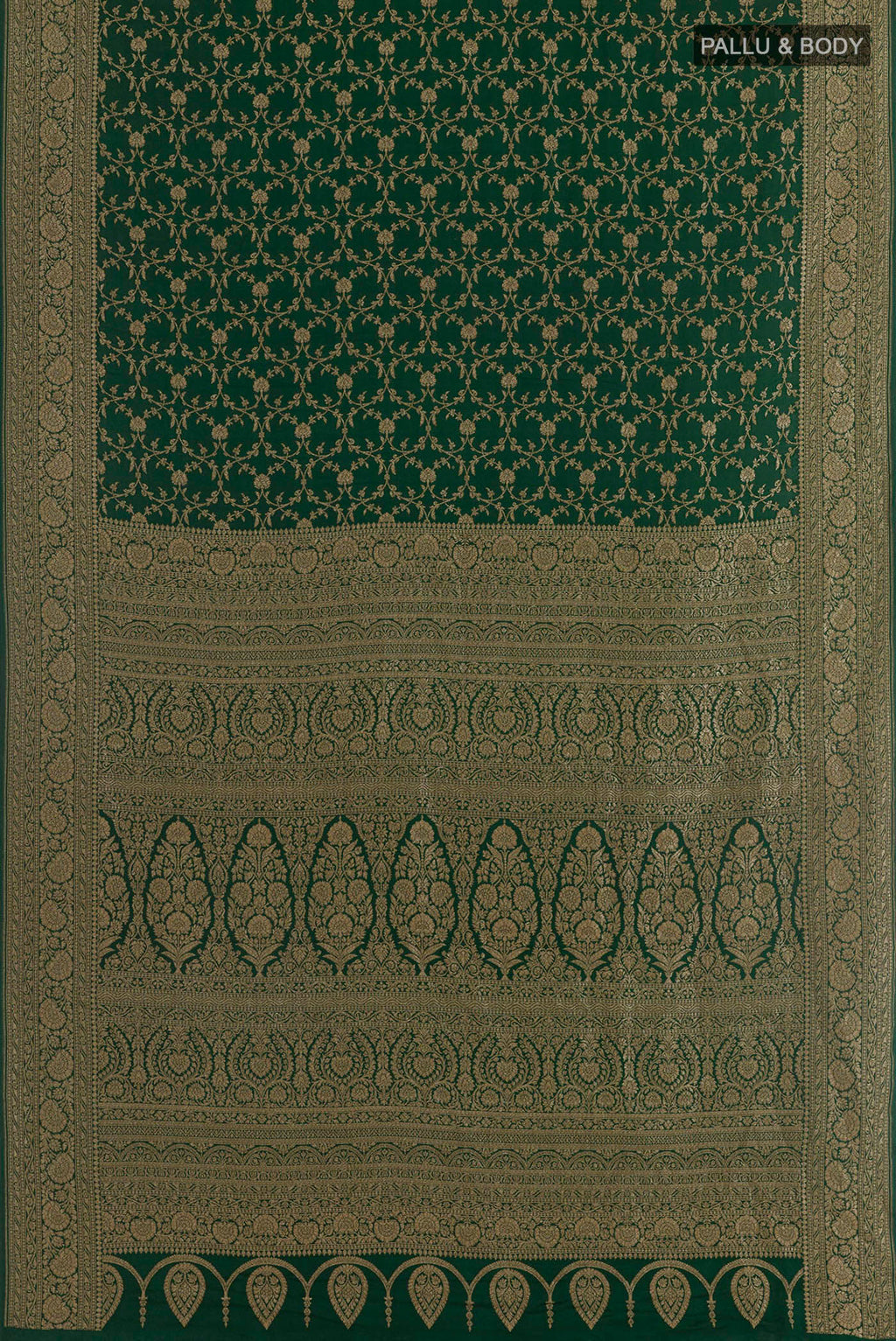 Flat view of Green Banarasi Georgette Saree with Zari Brocade on the body and Zari Border. 