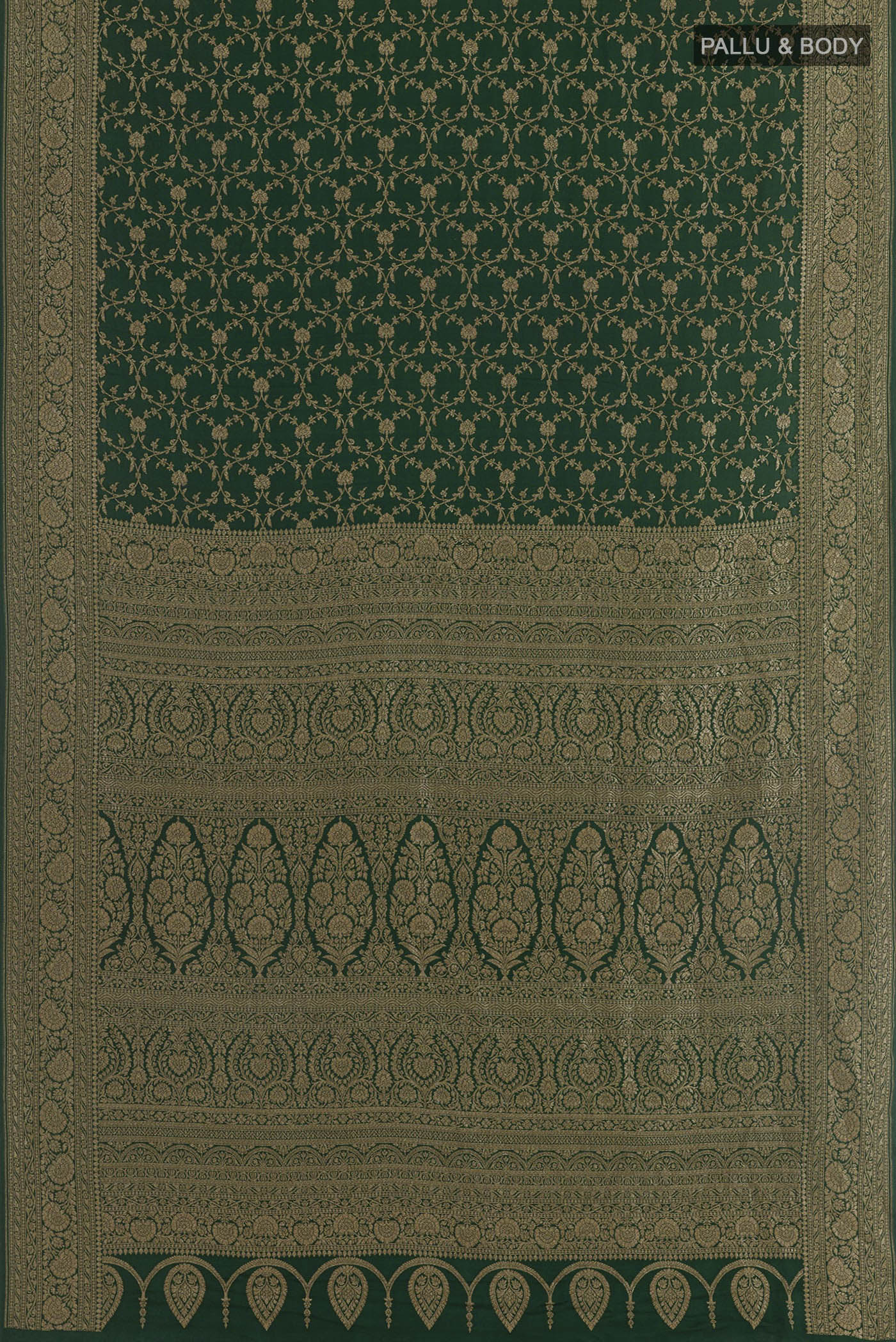 Flat view of Green Banarasi Georgette Saree with Zari Brocade on the body and Zari Border. 