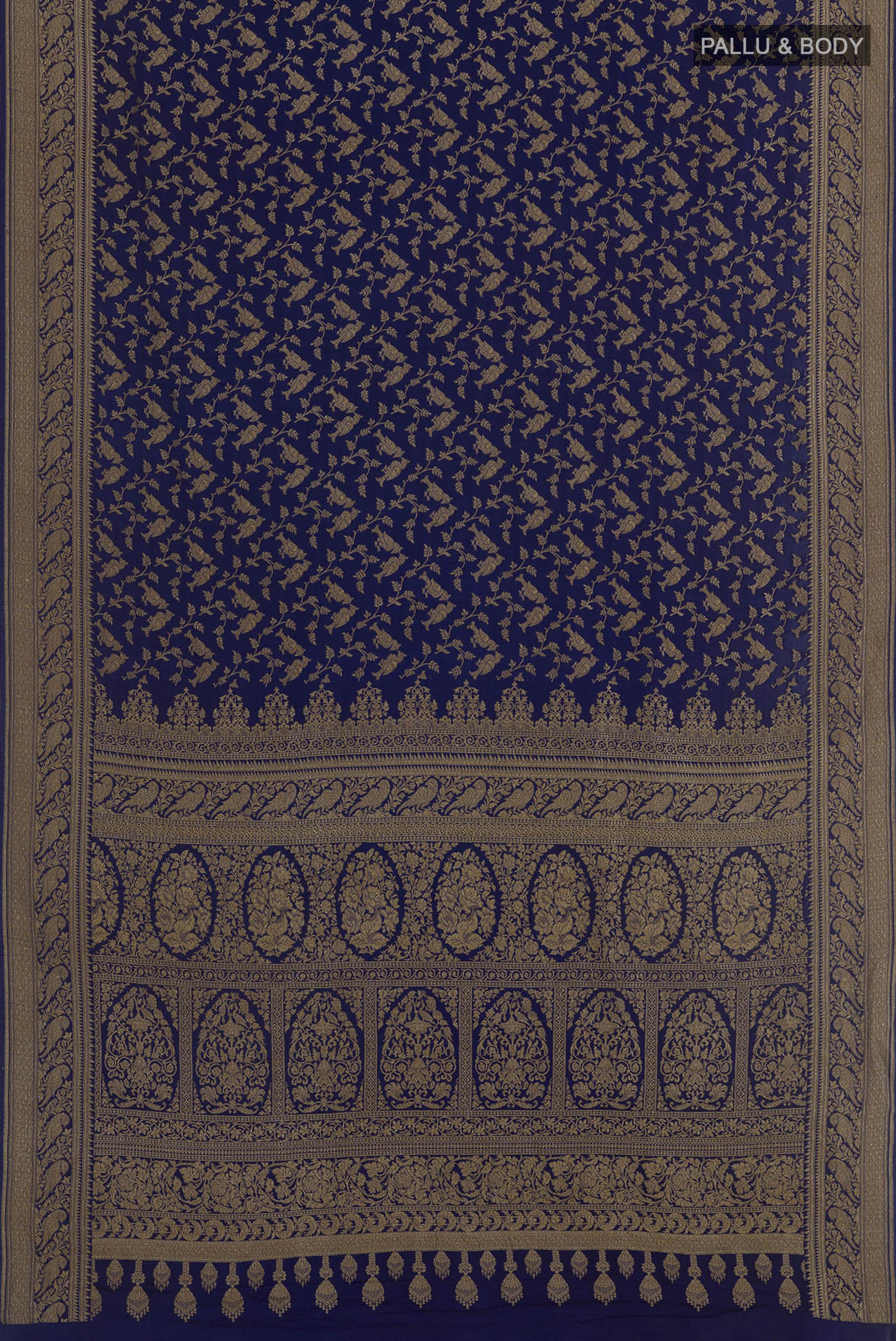 Flat view of Blue Banarasi Georgette Saree with Zari Brocade on the body and Zari Border. 