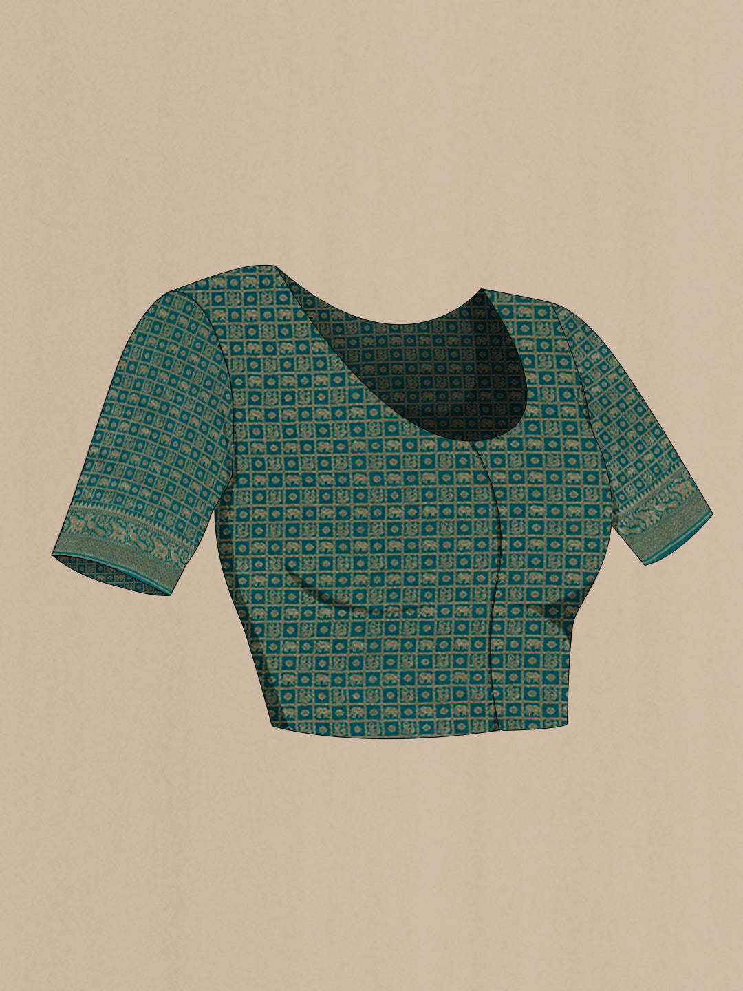 Close up image of the blouse of Sea Green Banarasi Georgette Saree with Zari Brocade on the body and Thread Border. 