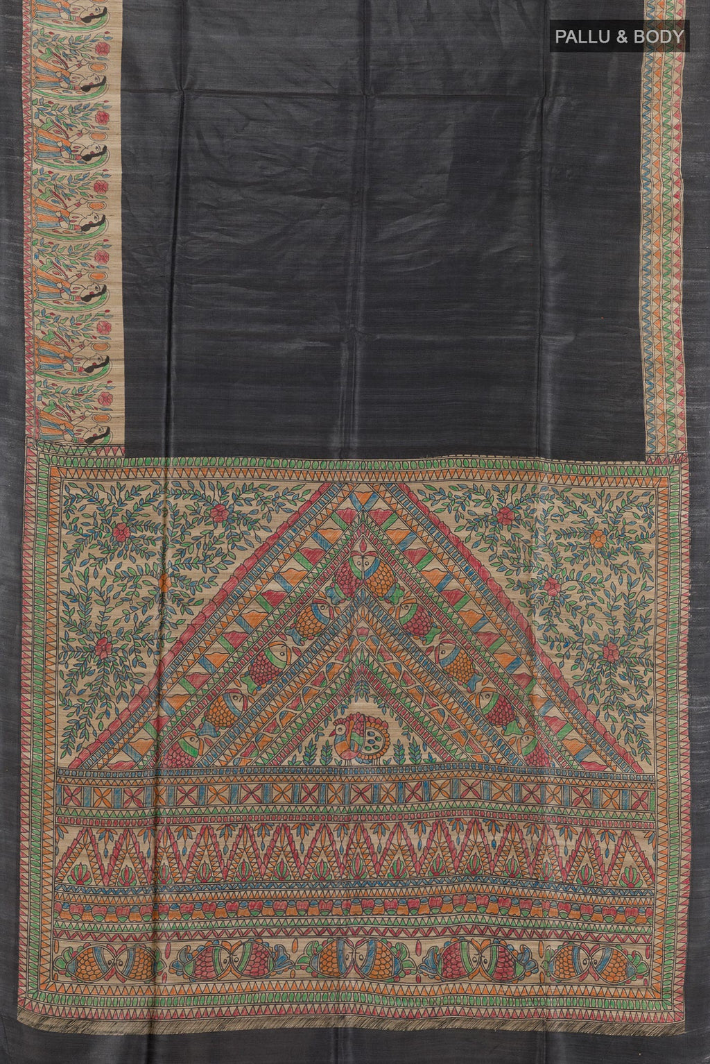 Flat view of Black Tussar Saree with Plain Body and Printed Border. 