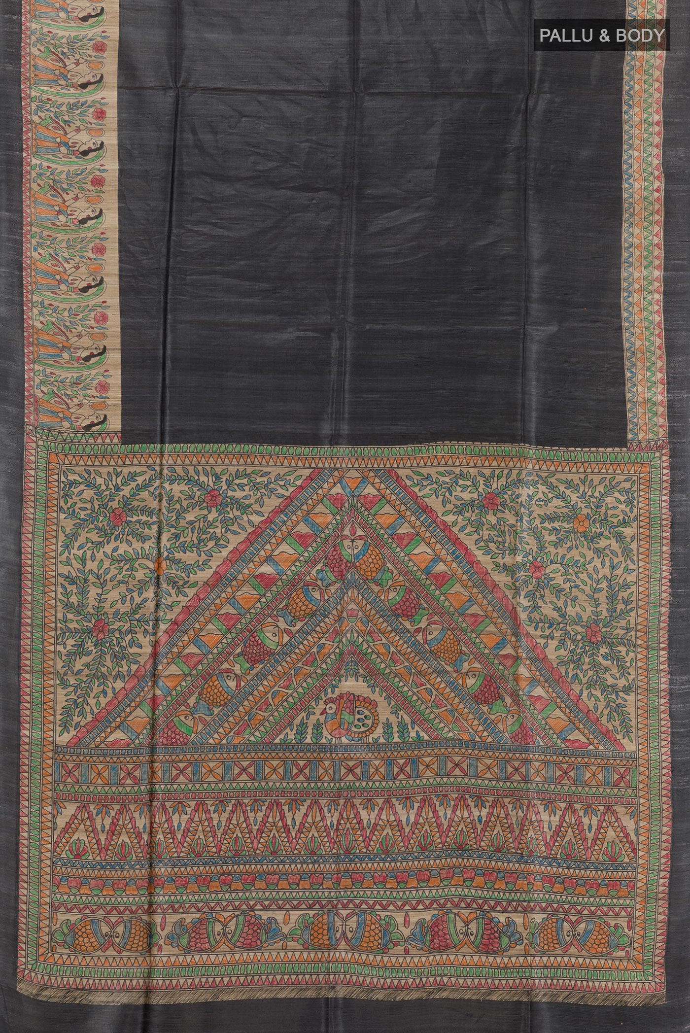 Flat view of Black Tussar Saree with Plain Body and Printed Border. 