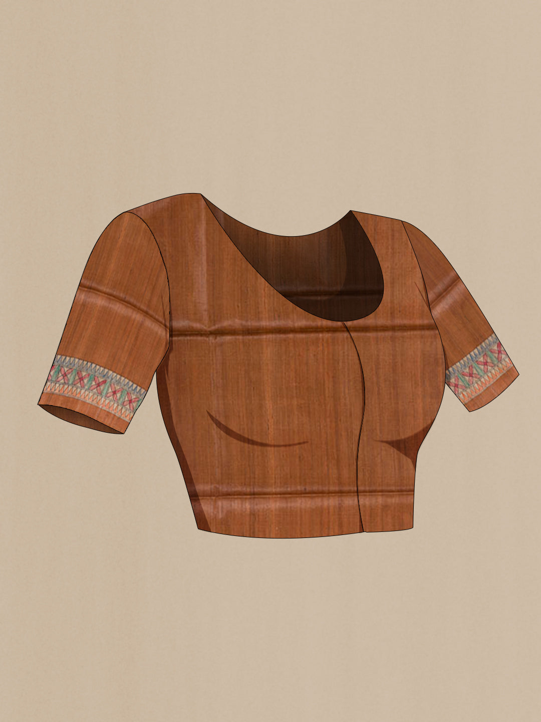 Close up image of the blouse of Brown Tussar Saree with Plain Body and Printed Border. 