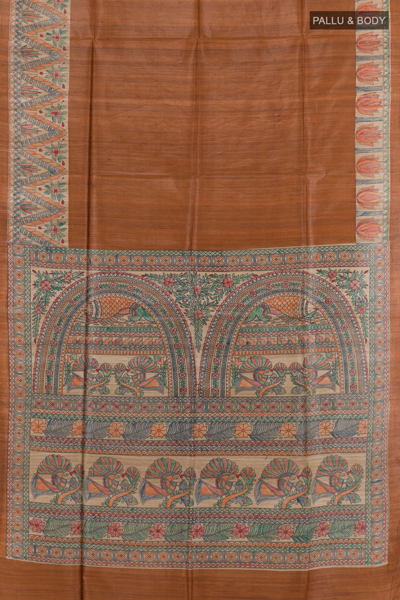 Flat view of Brown Tussar Saree with Plain Body and Printed Border. 