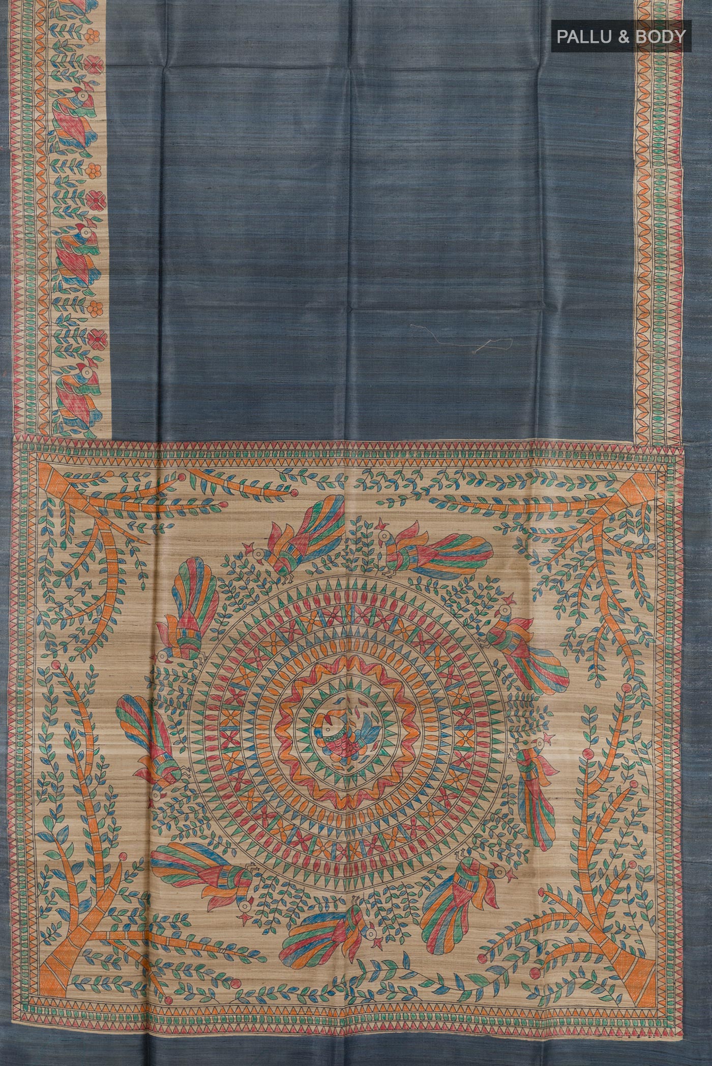 Flat view of Blue Tussar Saree with Plain Body and Printed Border. 