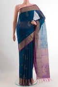 Blue Blended Kora Cotton Saree with Zari Butta on the body and Zari Border.  displayed on a mannequin