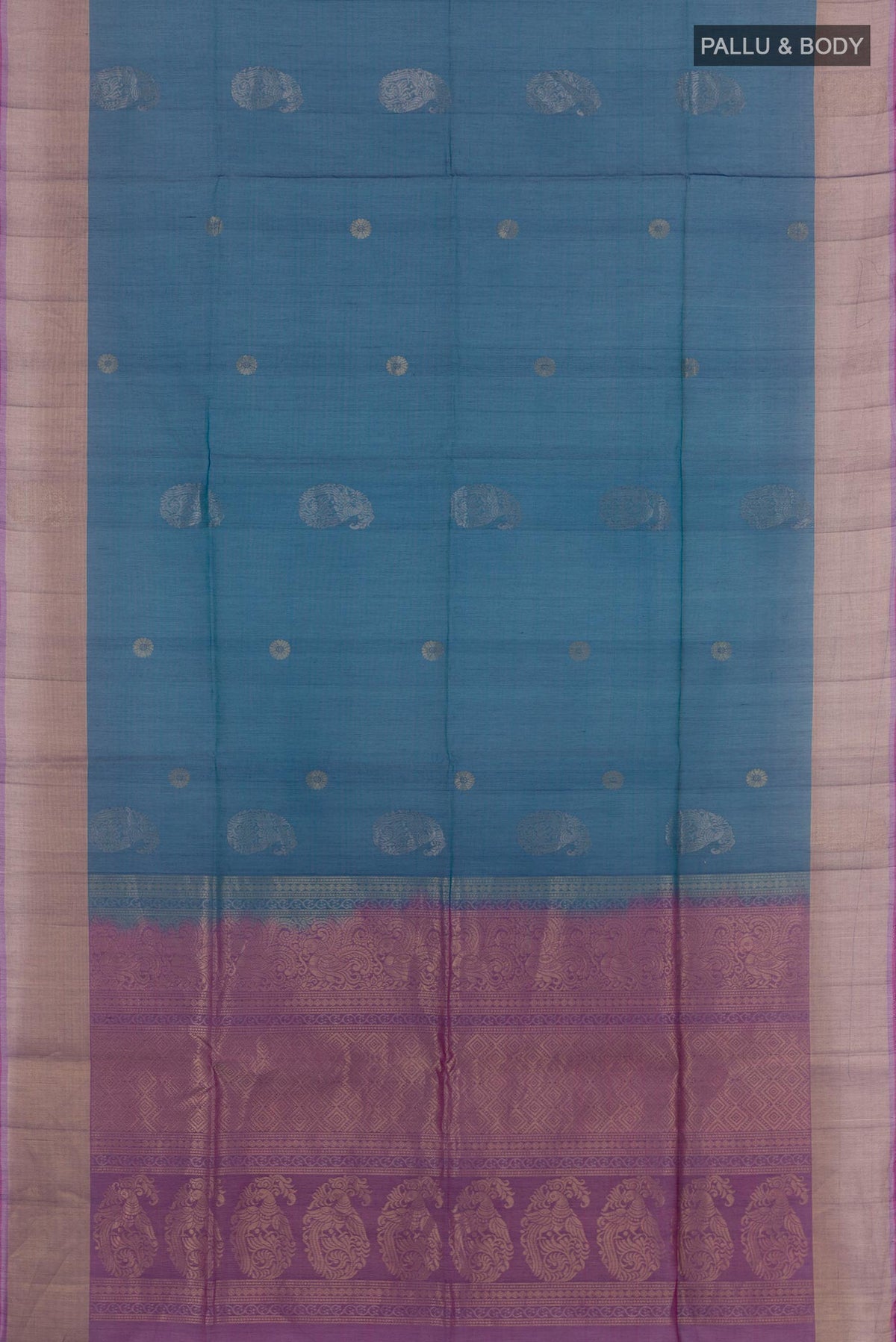 Flat view of Blue Blended Kora Cotton Saree with Zari Butta on the body and Zari Border. 