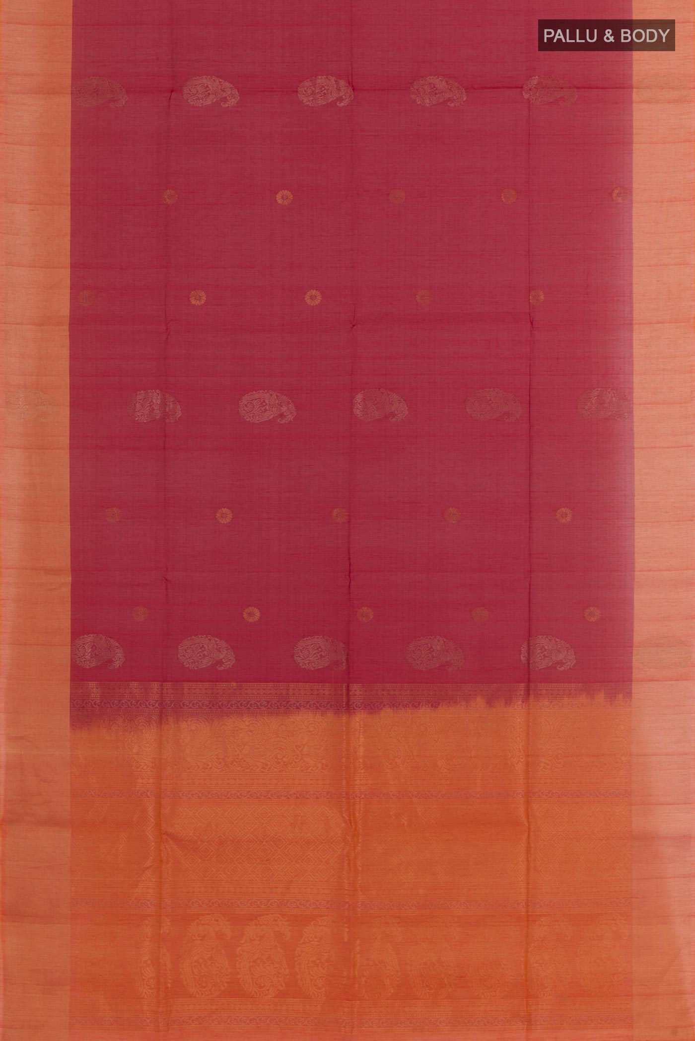 Flat view of Red Blended Kora Cotton Saree with Zari Butta on the body and Zari Border. 