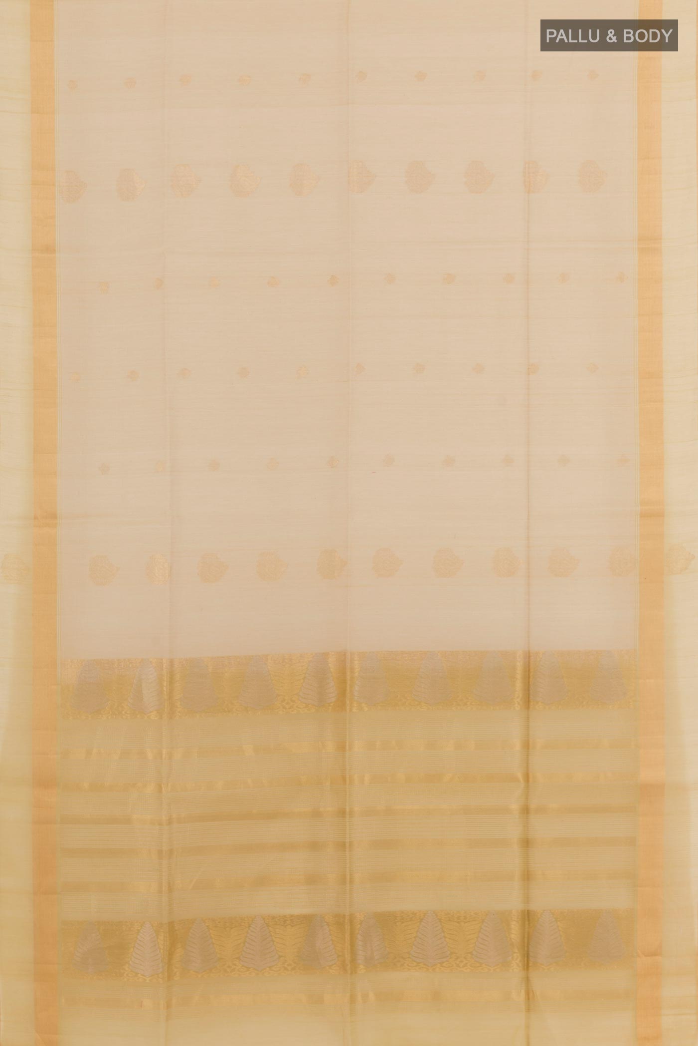 Flat view of Beige Blended Kora Cotton Saree with Zari Butta on the body and Zari Border. 