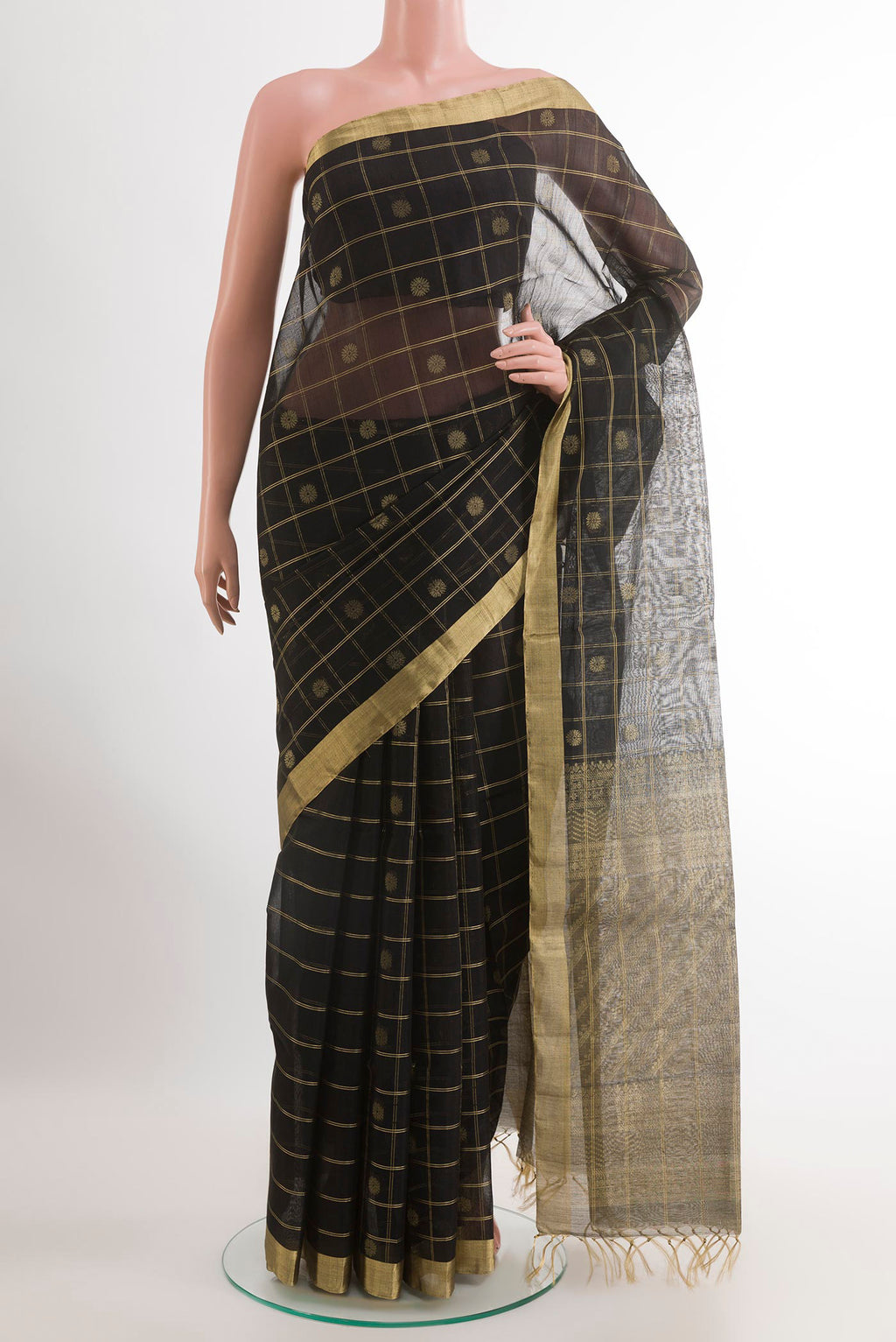 Black Blended Kora Cotton Saree with Zari Butta on the body and Zari Border.  displayed on a mannequin