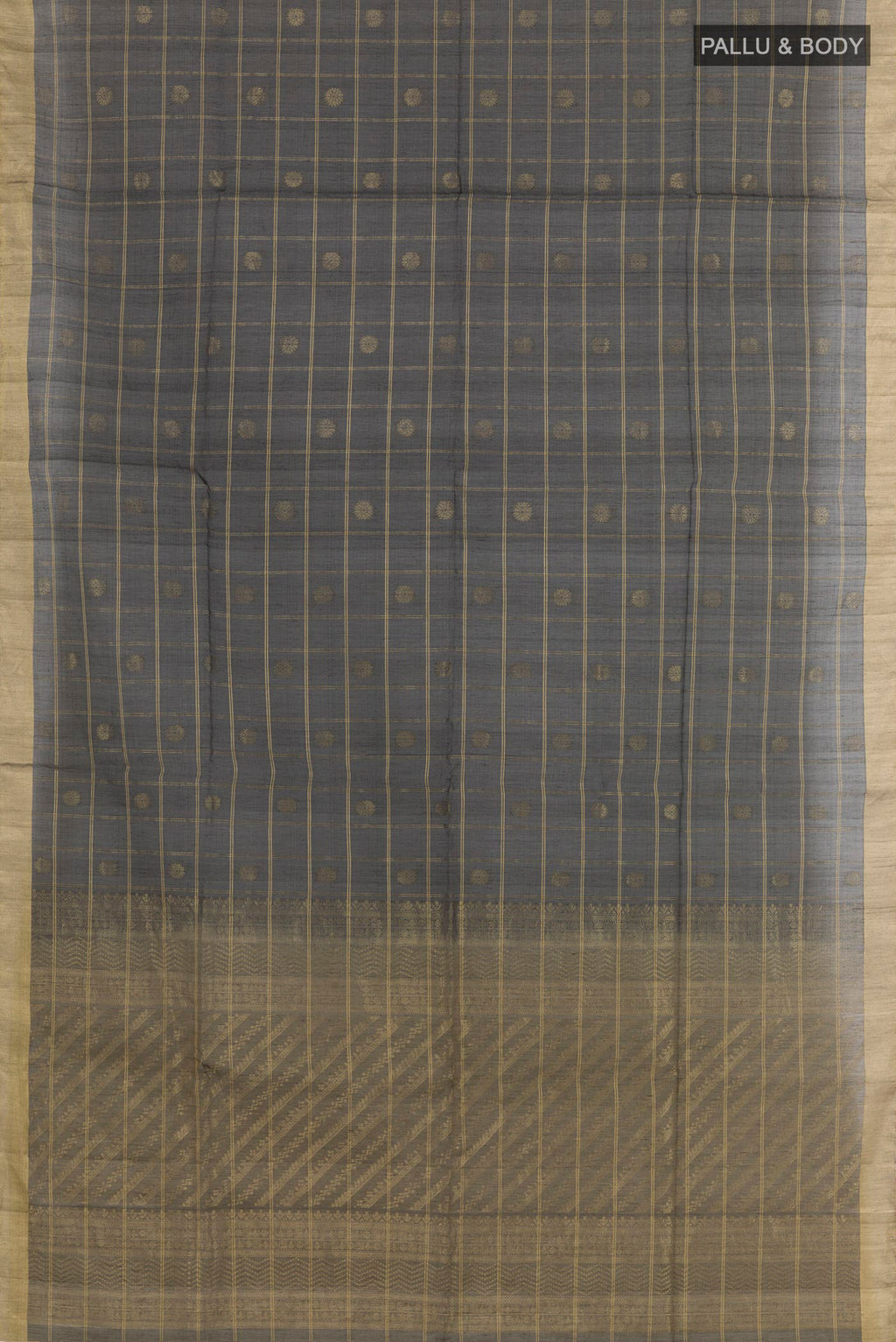 Flat view of Black Blended Kora Cotton Saree with Zari Butta on the body and Zari Border. 