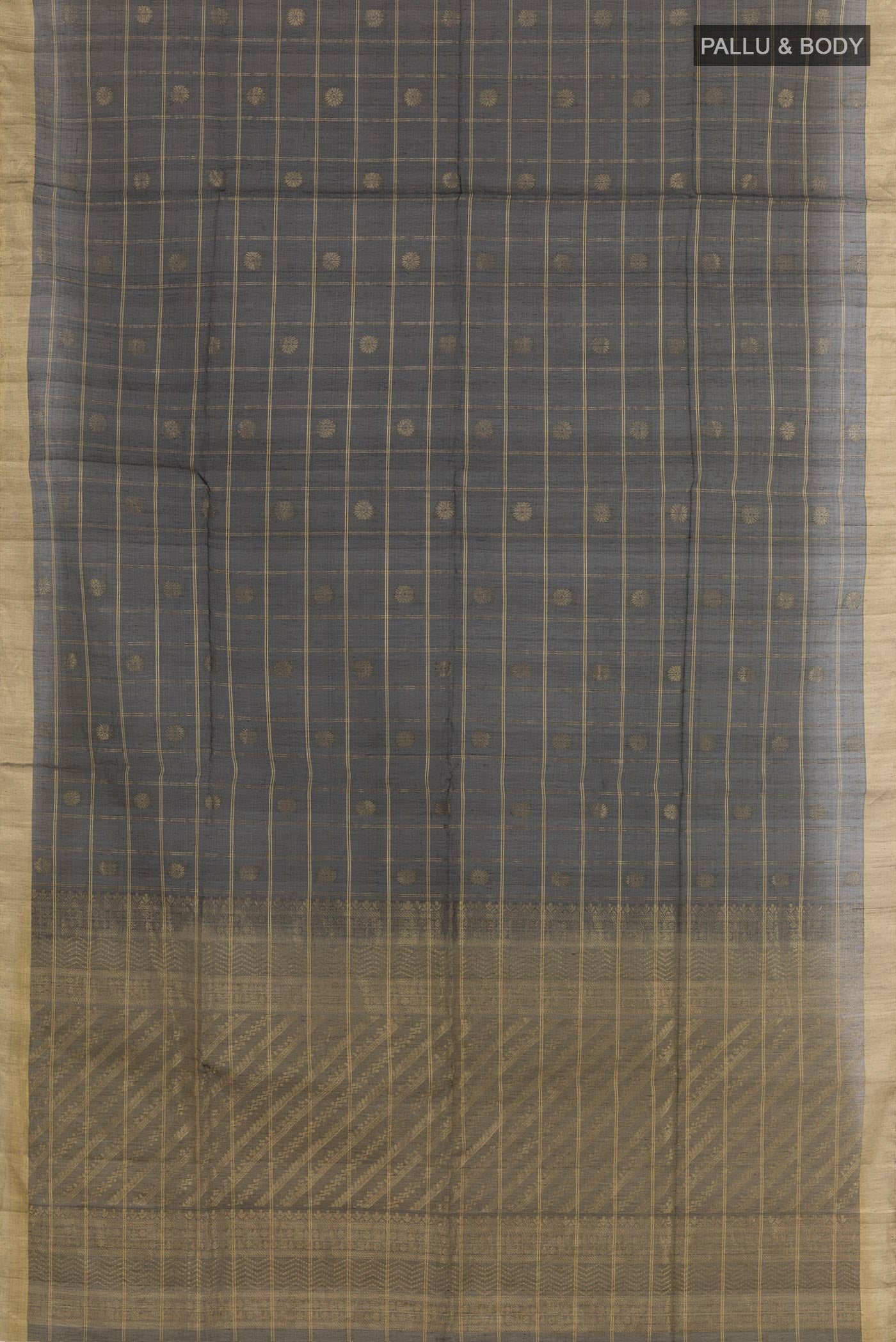 Flat view of Black Blended Kora Cotton Saree with Zari Butta on the body and Zari Border. 