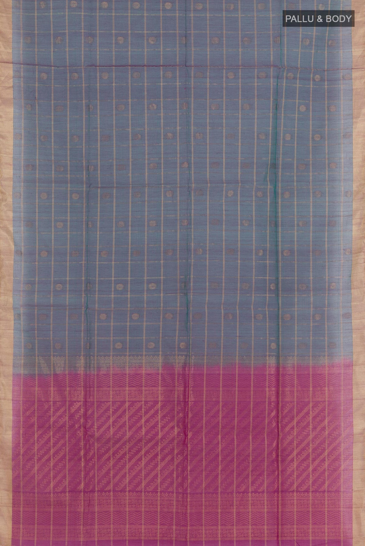 Flat view of Teal Blended Kora Cotton Saree with Checked design on the body and Zari Border. 