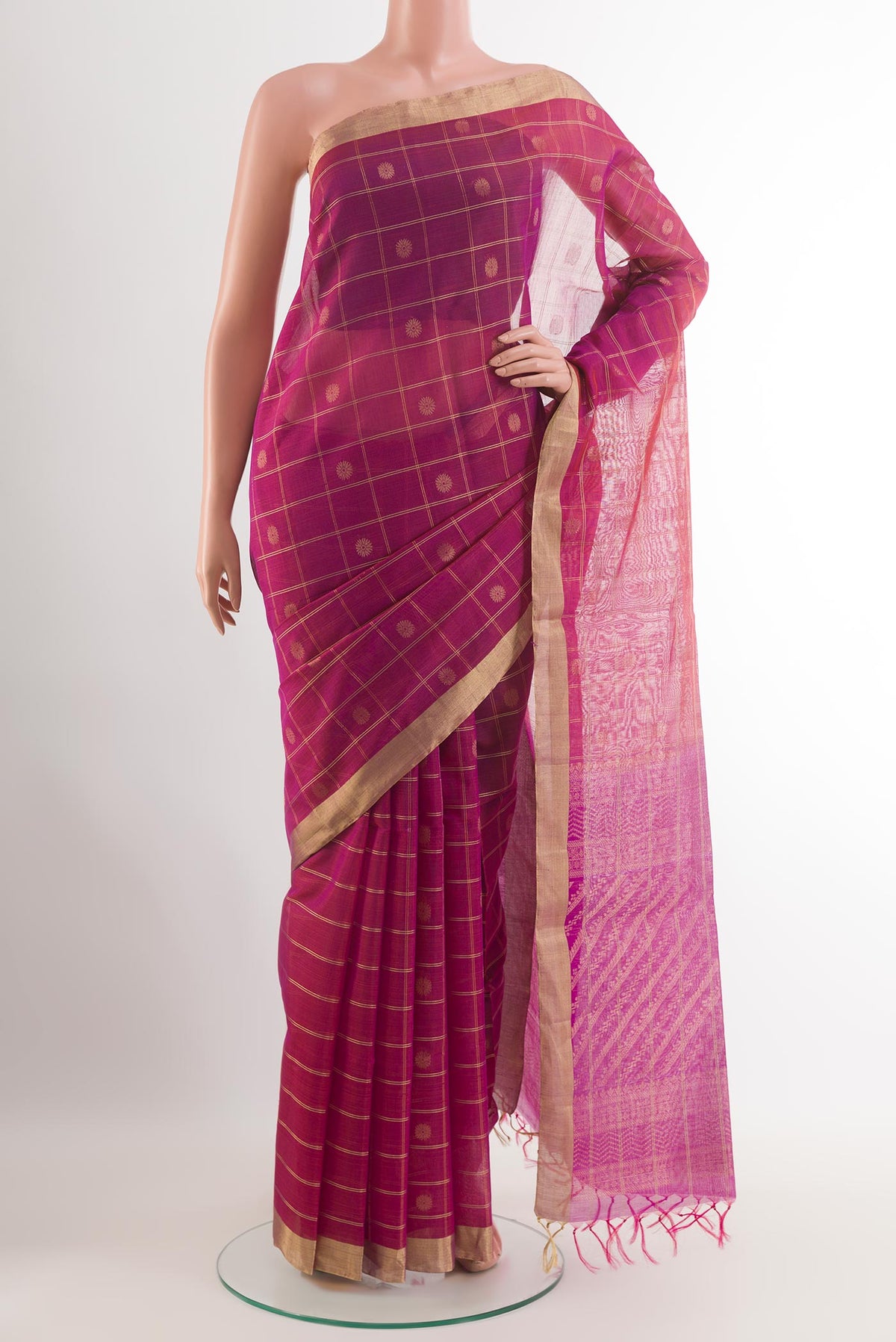 Purple Blended Kora Cotton Saree with Checked design on the body and Zari Border.  displayed on a mannequin