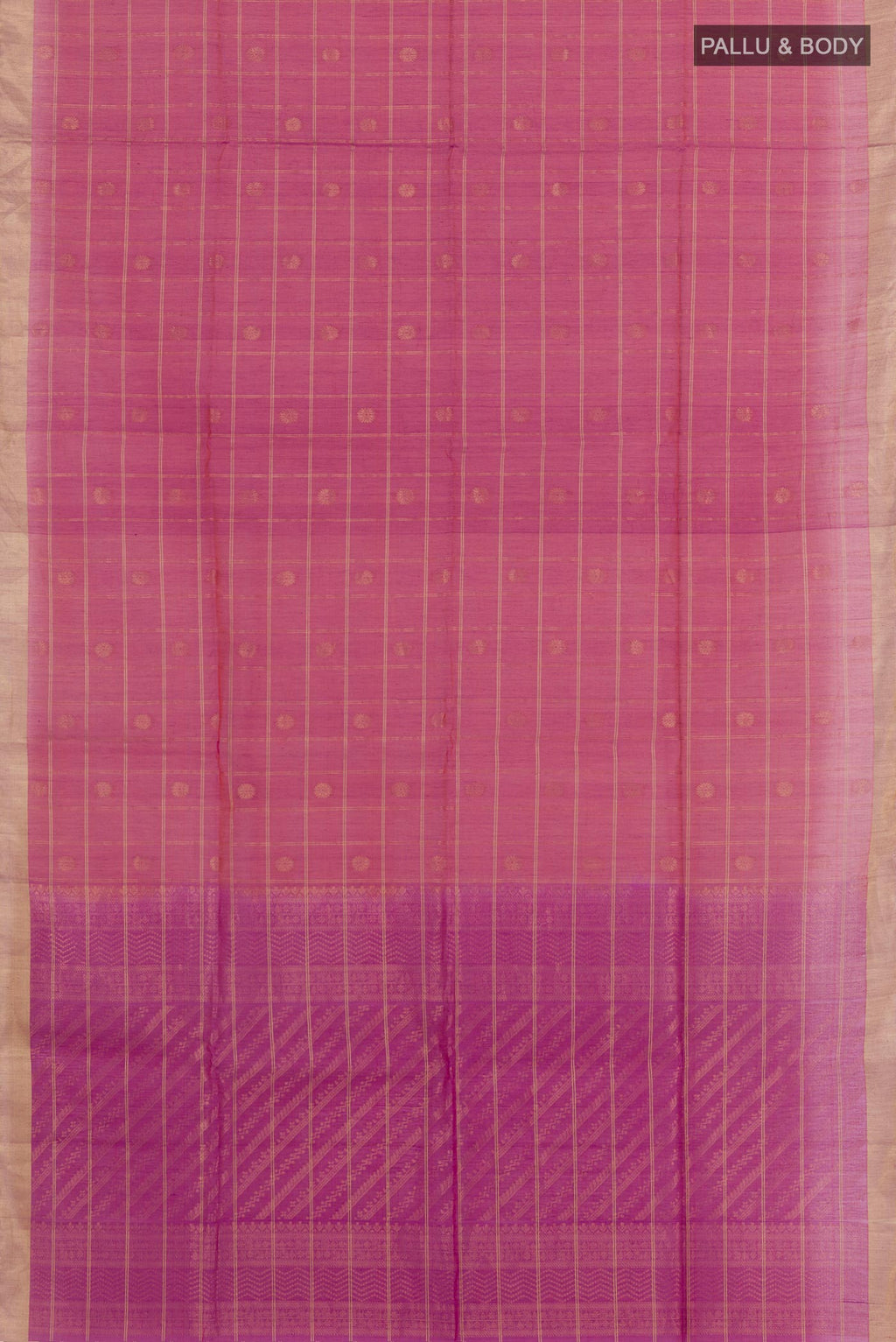Flat view of Purple Blended Kora Cotton Saree with Checked design on the body and Zari Border. 