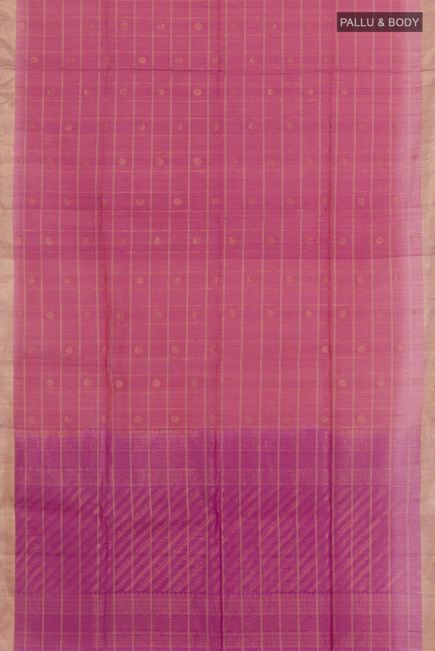Flat view of Purple Blended Kora Cotton Saree with Checked design on the body and Zari Border. 