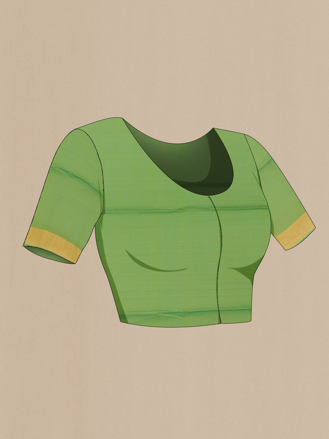 Close up image of the blouse of Green Blended Kora Cotton Saree with Stripes on the body and Zari Border. 