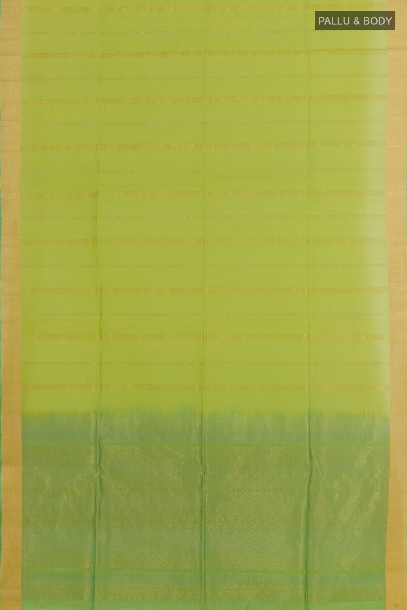 Flat view of Green Blended Kora Cotton Saree with Stripes on the body and Zari Border. 