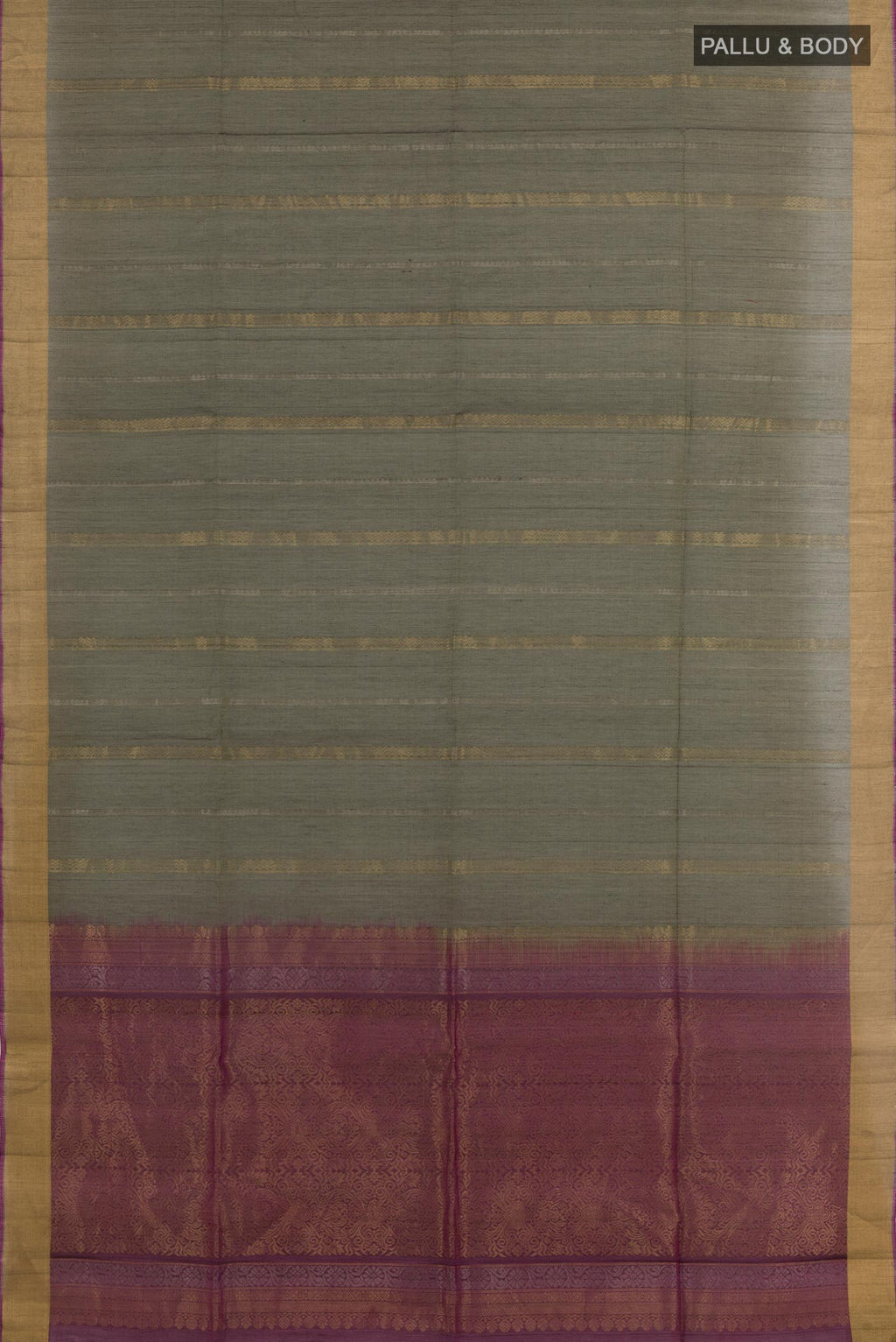 Flat view of Davys Grey Blended Kora Cotton Saree with Zari Butta on the body and Zari Border. 