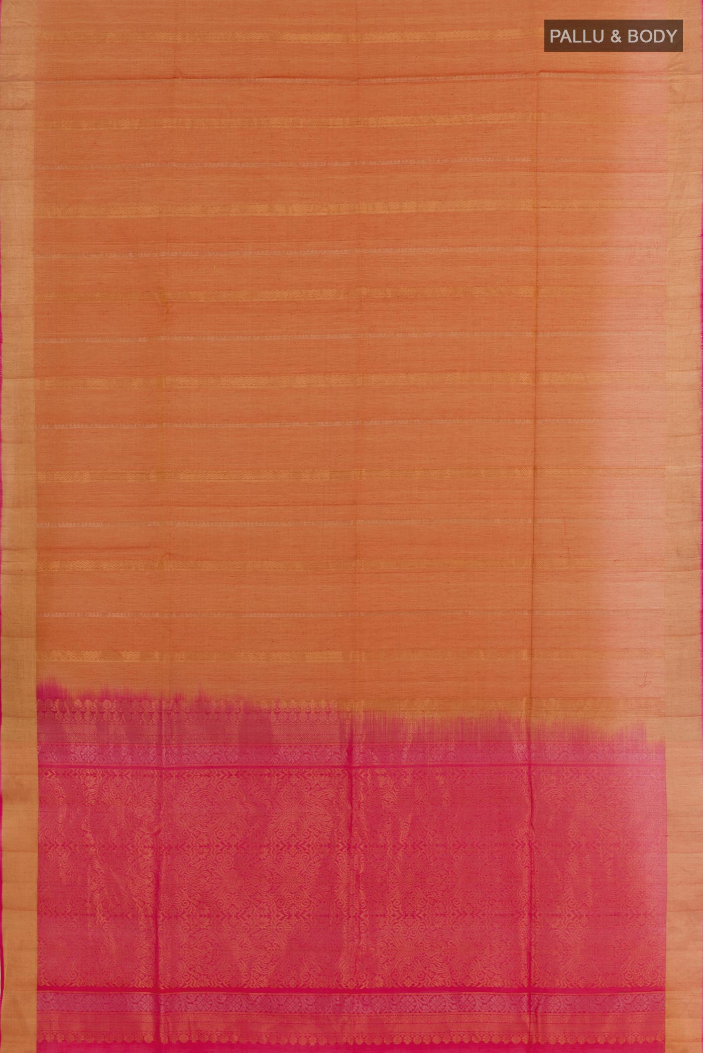 Flat view of Orange Blended Kora Cotton Saree with Stripes on the body and Zari Border. 