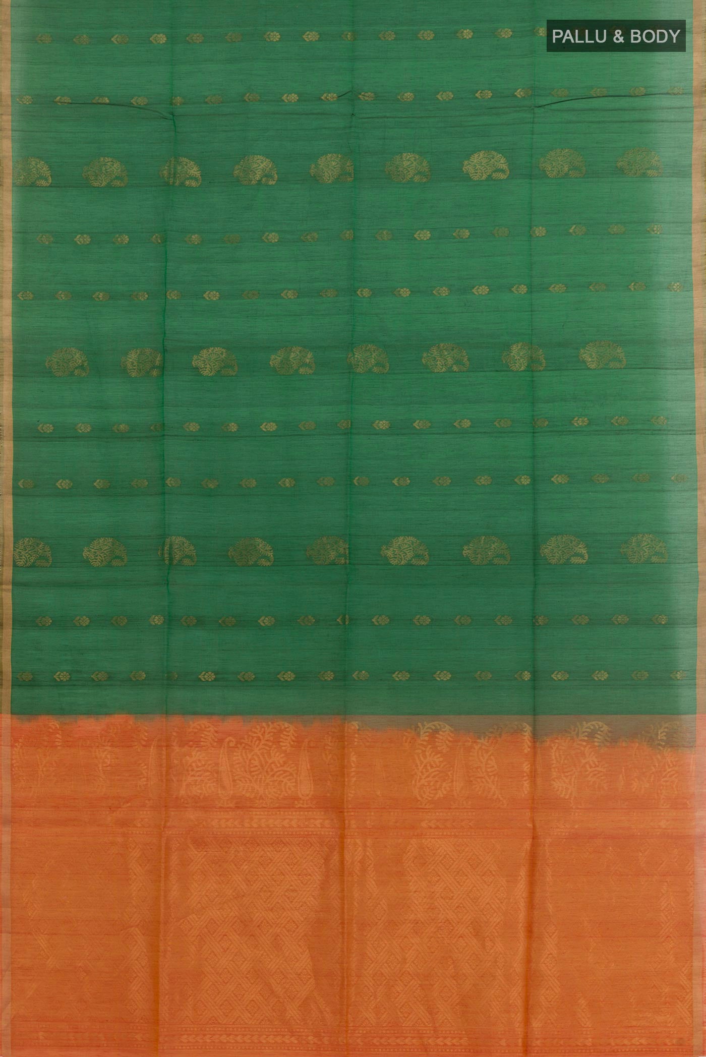 Flat view of Green Blended Kora Cotton Saree with Zari Butta on the body and Zari Border. 