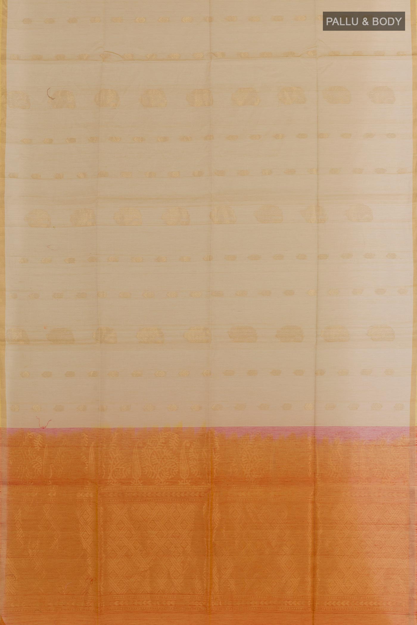 Flat view of Beige Blended Kora Cotton Saree with Zari Butta on the body and Zari Border. 