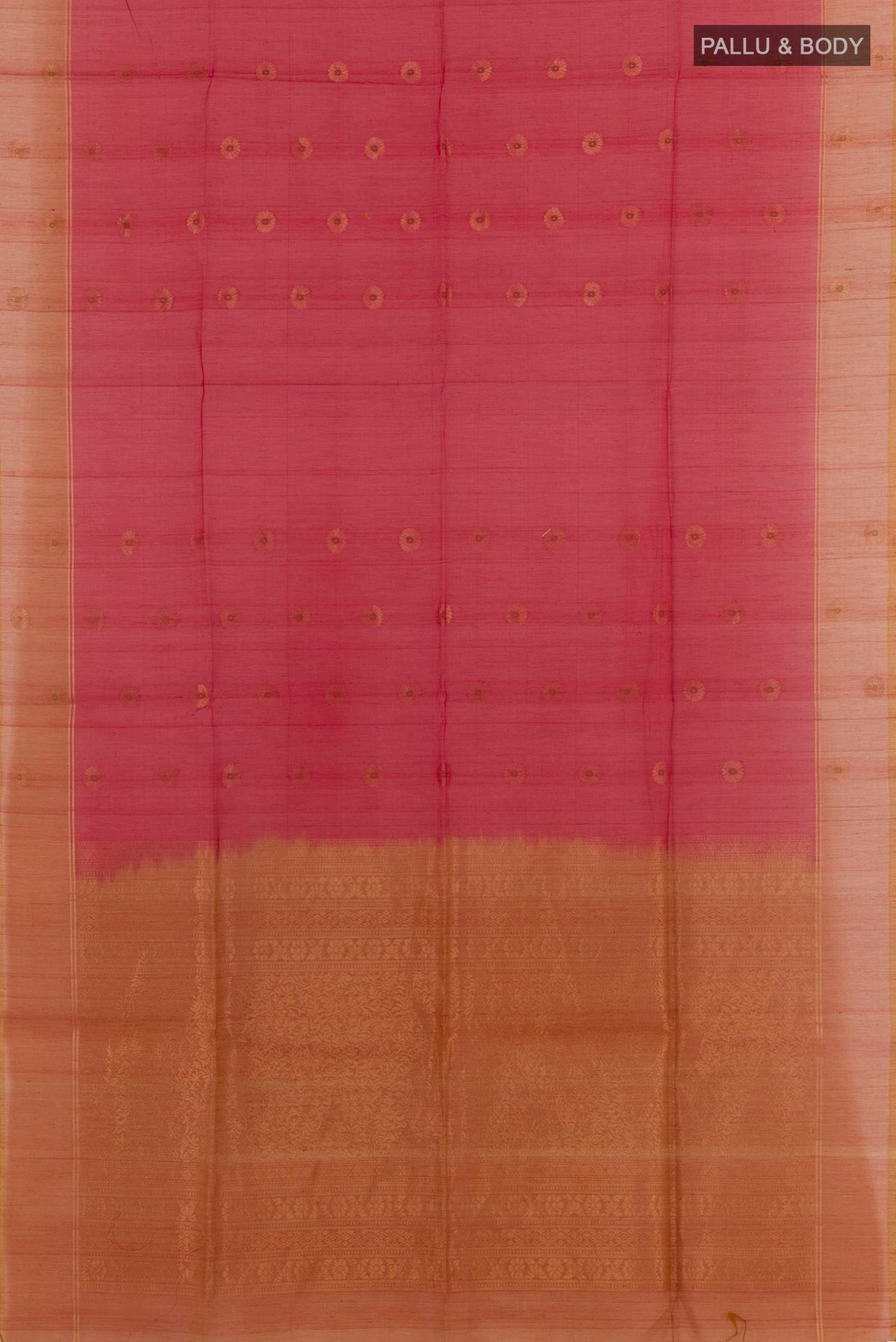 Flat view of Red Blended Kora Cotton Saree with Zari Butta on the body and Zari Border. 