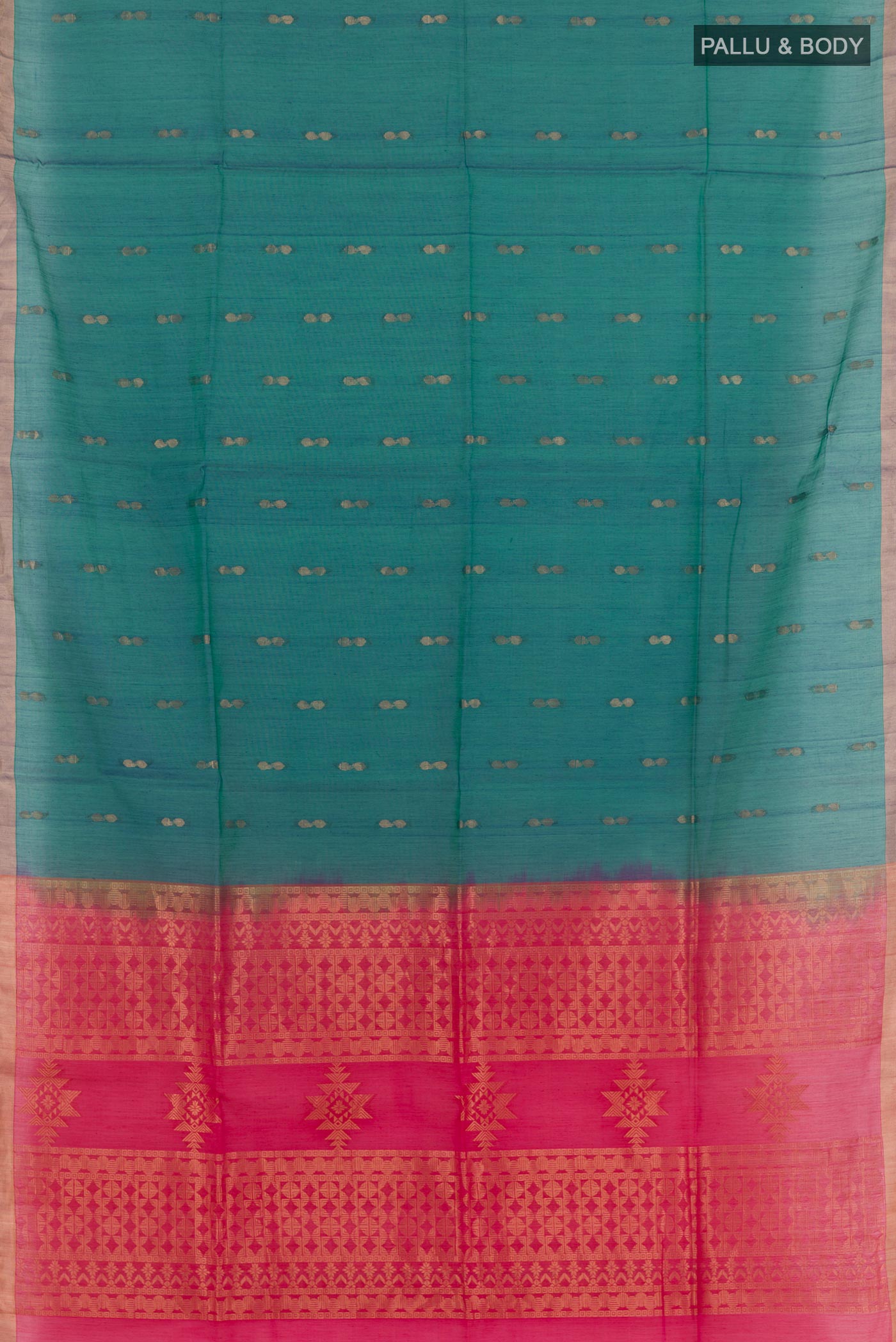 Flat view of Teal Blended Kora Cotton Saree with Zari Butta on the body and Zari Border. 