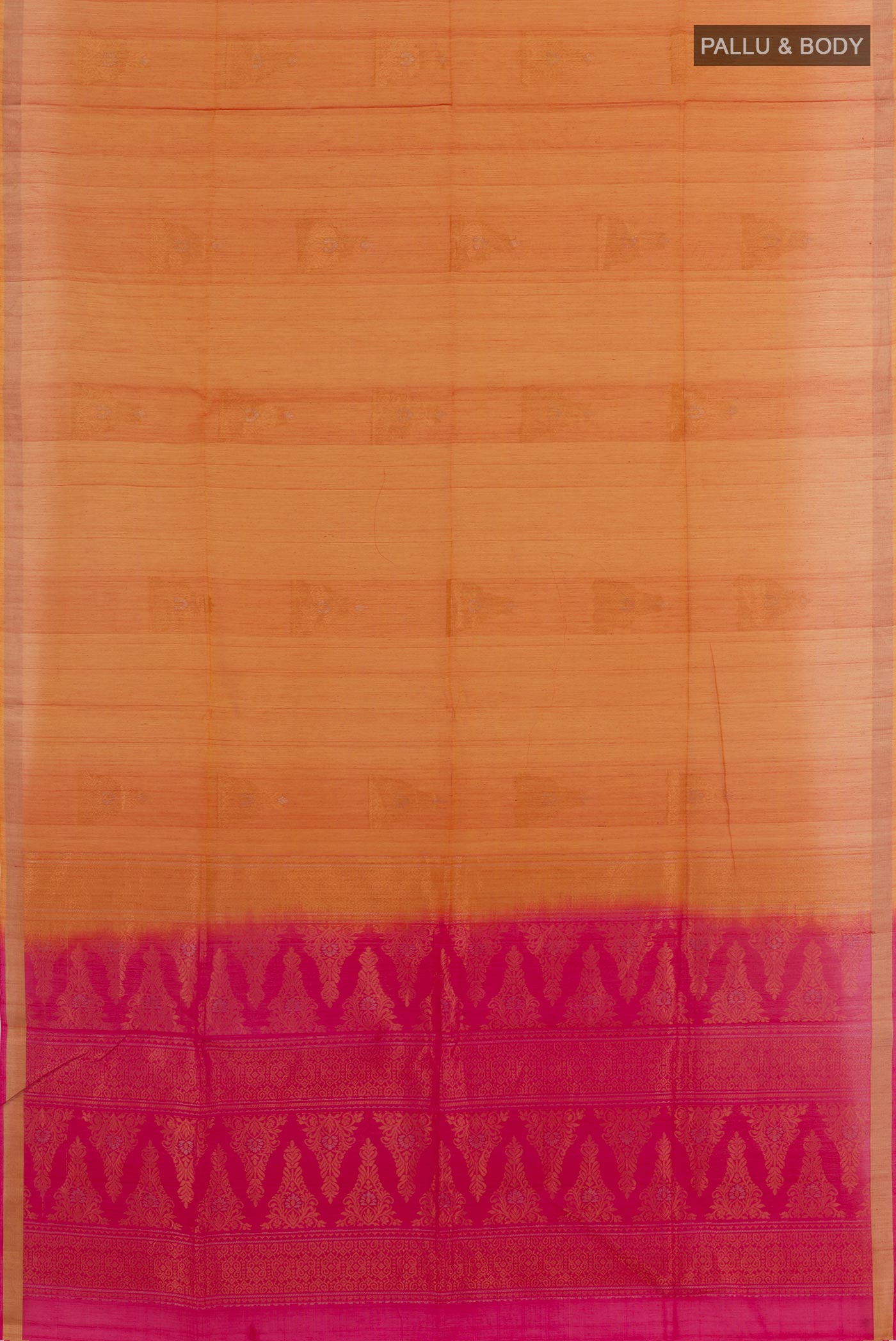 Flat view of Orange Blended Kora Cotton Saree with Stripes on the body and Zari Border. 
