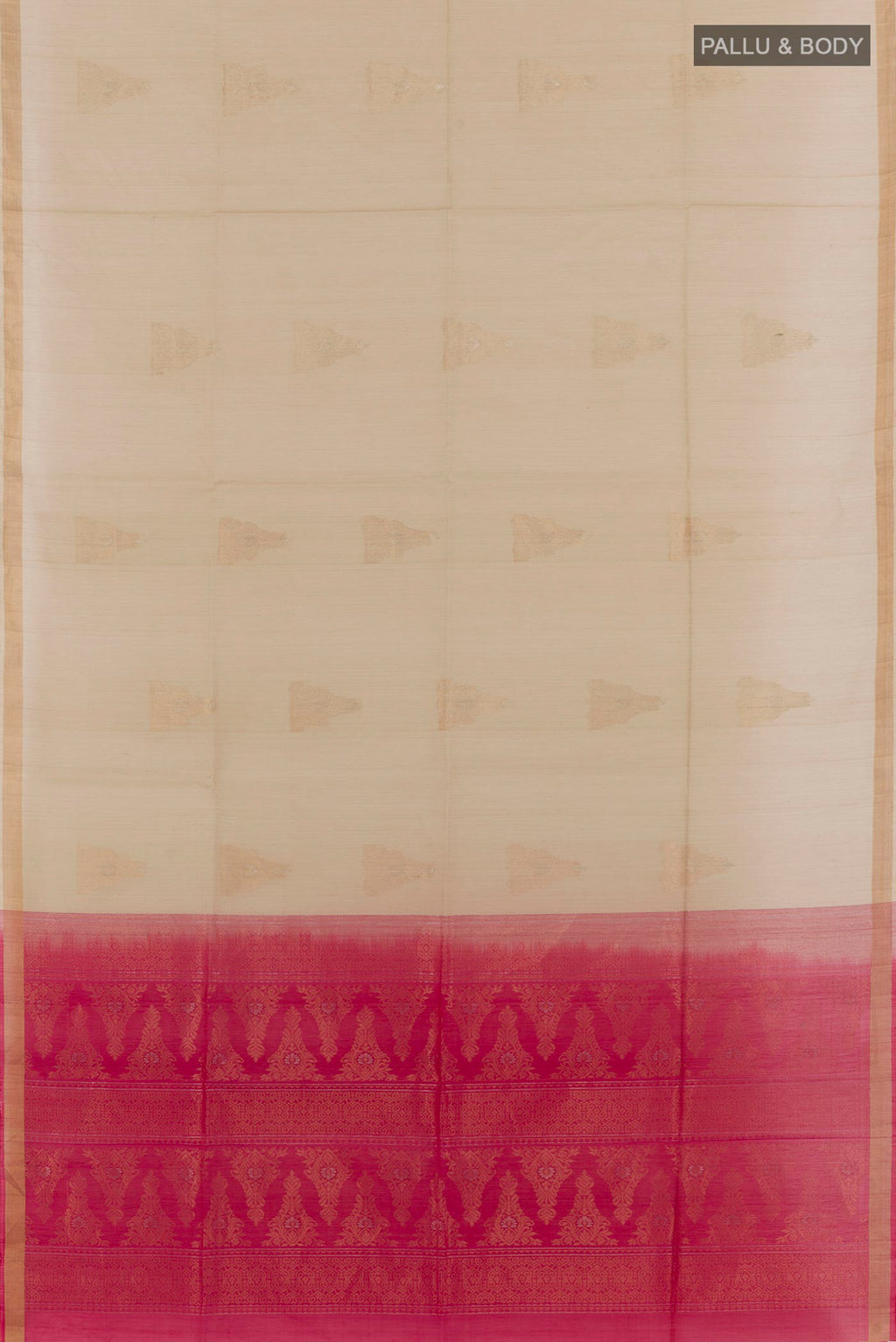 Flat view of Beige Blended Kora Cotton Saree with Zari Butta on the body and Zari Border. 